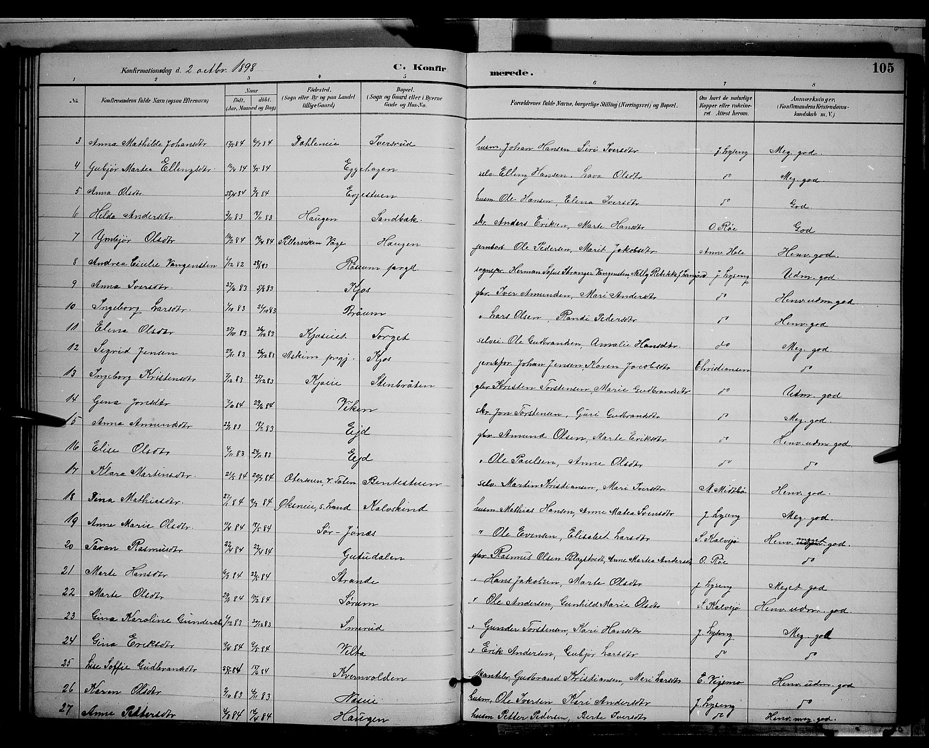 Gran prestekontor, SAH/PREST-112/H/Ha/Hab/L0004: Parish register (copy) no. 4, 1890-1899, p. 105