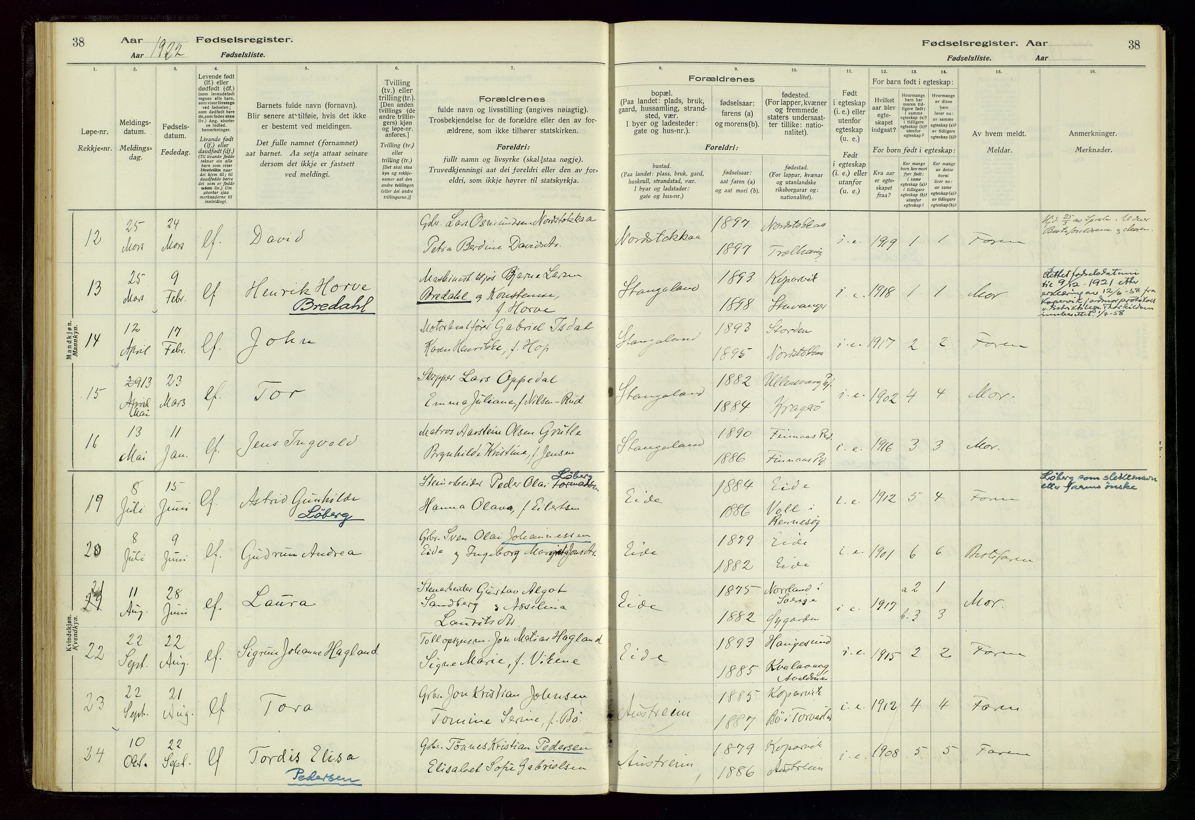 Kopervik sokneprestkontor, SAST/A-101850/I/Id/L0004: Birth register no. 4, 1916-1958, p. 38