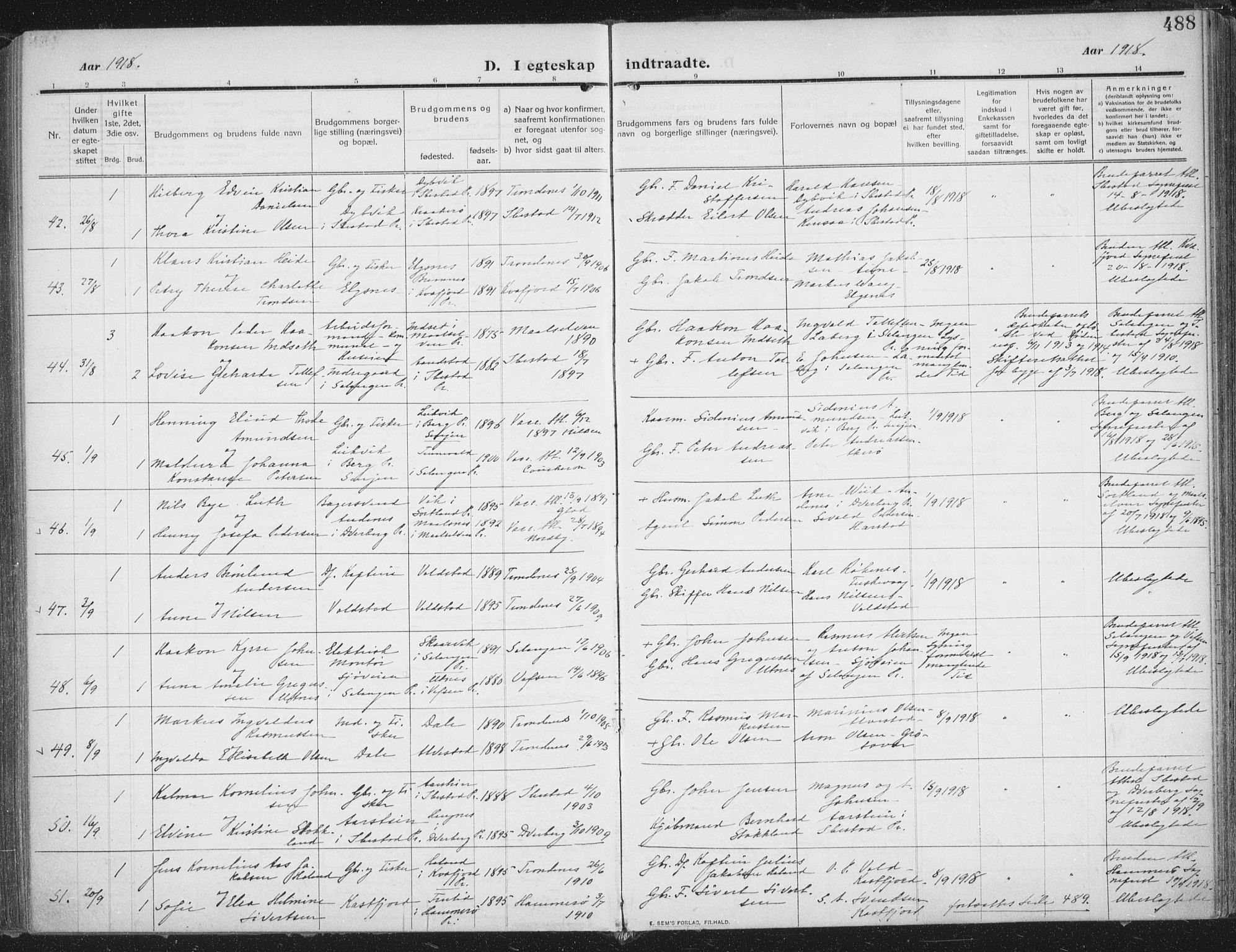 Trondenes sokneprestkontor, SATØ/S-1319/H/Ha/L0018kirke: Parish register (official) no. 18, 1909-1918, p. 488