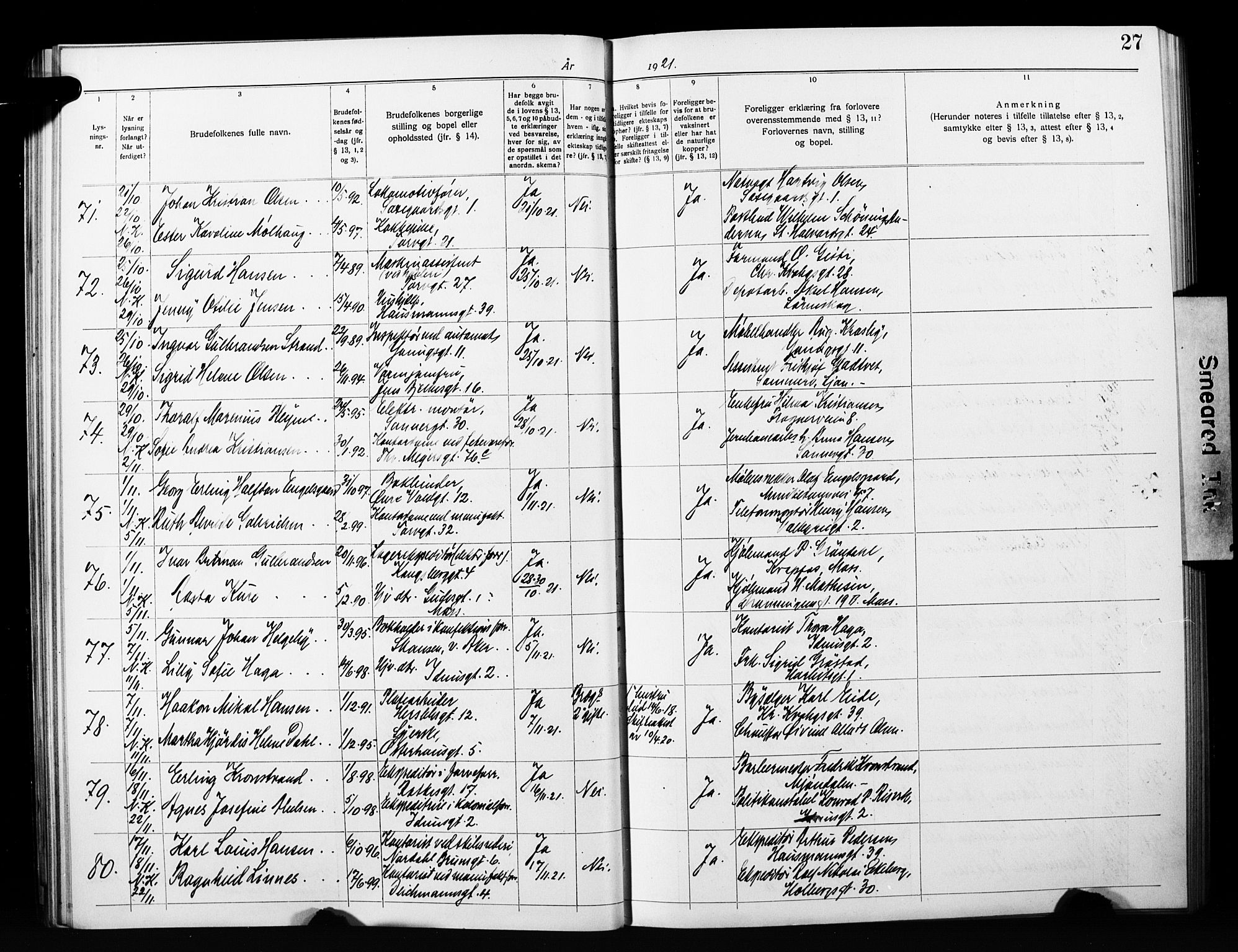 Jakob prestekontor Kirkebøker, SAO/A-10850/H/Ha/L0003: Banns register no. 3, 1919-1931, p. 27