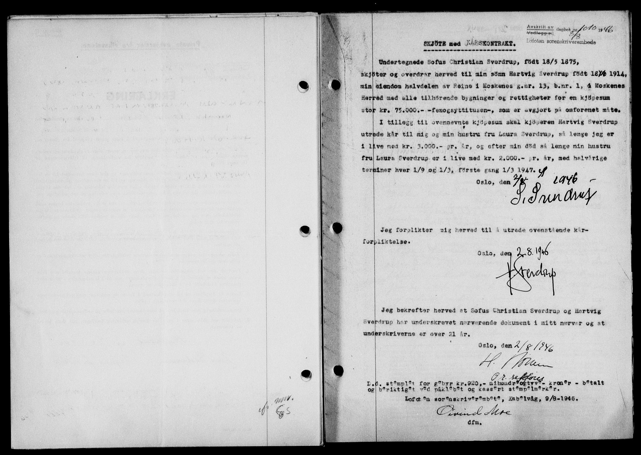 Lofoten sorenskriveri, SAT/A-0017/1/2/2C/L0014a: Mortgage book no. 14a, 1946-1946, Diary no: : 1010/1946
