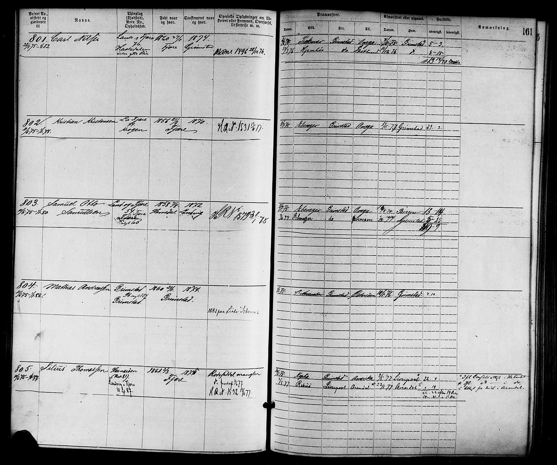 Grimstad mønstringskrets, SAK/2031-0013/F/Fa/L0001: Annotasjonsrulle nr 1-1920 med register, F-1, 1870-1892, p. 185
