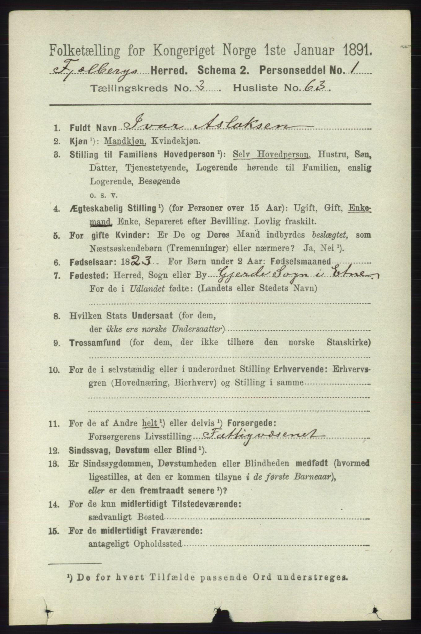 RA, 1891 census for 1213 Fjelberg, 1891, p. 1122