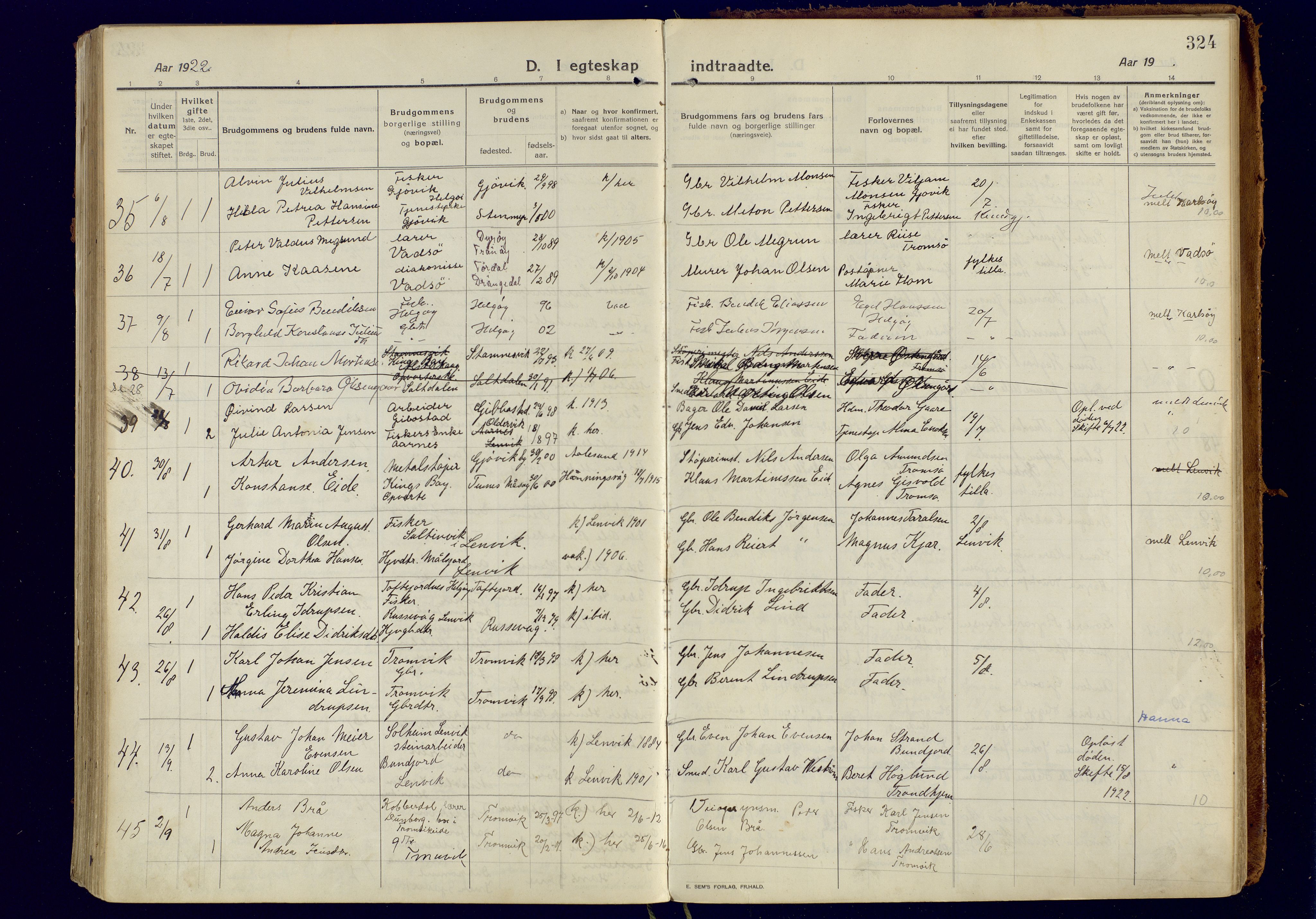 Tromsøysund sokneprestkontor, AV/SATØ-S-1304/G/Ga/L0008kirke: Parish register (official) no. 8, 1914-1922, p. 324