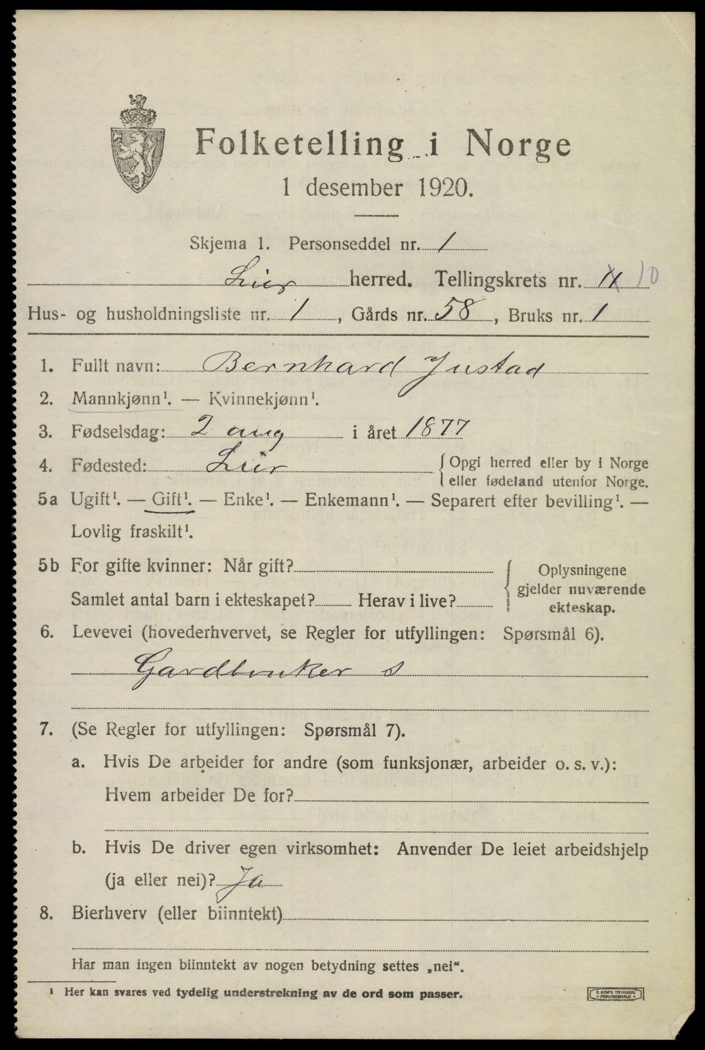 SAKO, 1920 census for Lier, 1920, p. 16148