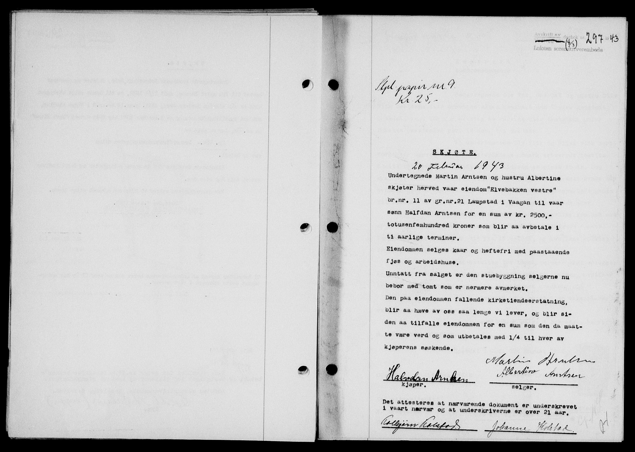 Lofoten sorenskriveri, SAT/A-0017/1/2/2C/L0011a: Mortgage book no. 11a, 1943-1943, Diary no: : 297/1943