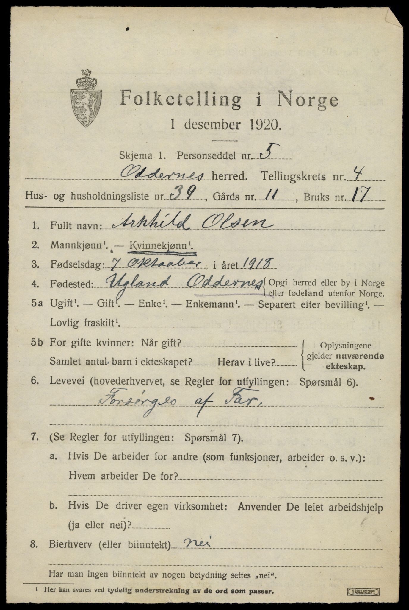 SAK, 1920 census for Oddernes, 1920, p. 4425