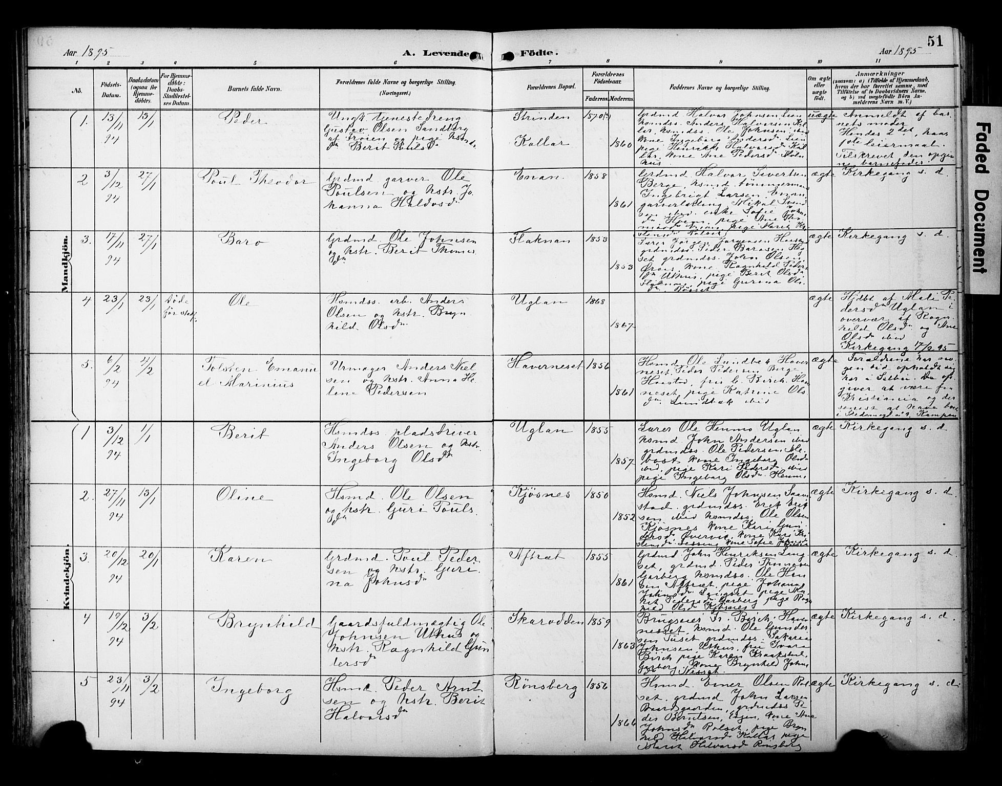 Ministerialprotokoller, klokkerbøker og fødselsregistre - Sør-Trøndelag, SAT/A-1456/695/L1149: Parish register (official) no. 695A09, 1891-1902, p. 51