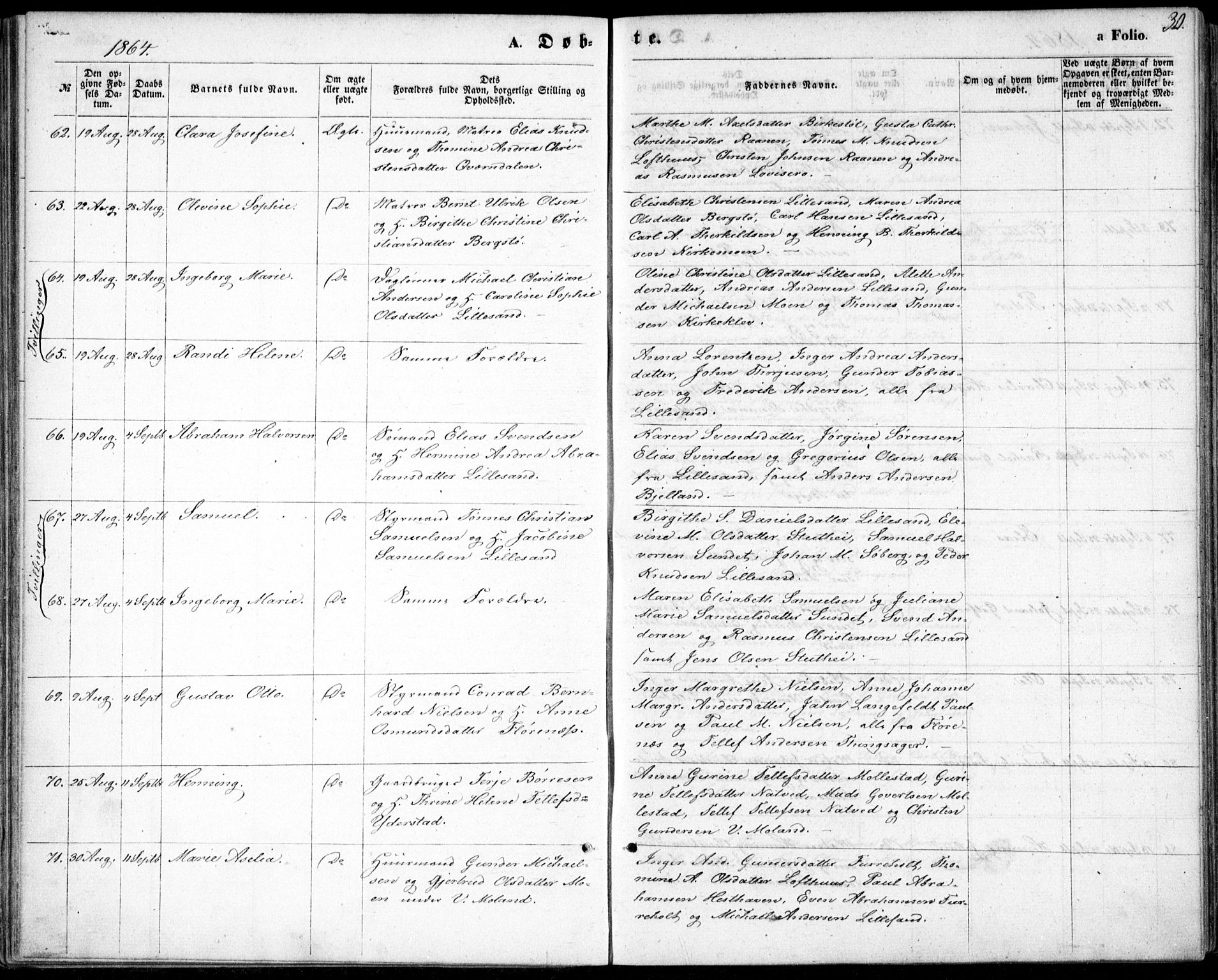 Vestre Moland sokneprestkontor, AV/SAK-1111-0046/F/Fb/Fbb/L0004: Parish register (copy) no. B 4, 1861-1872, p. 30