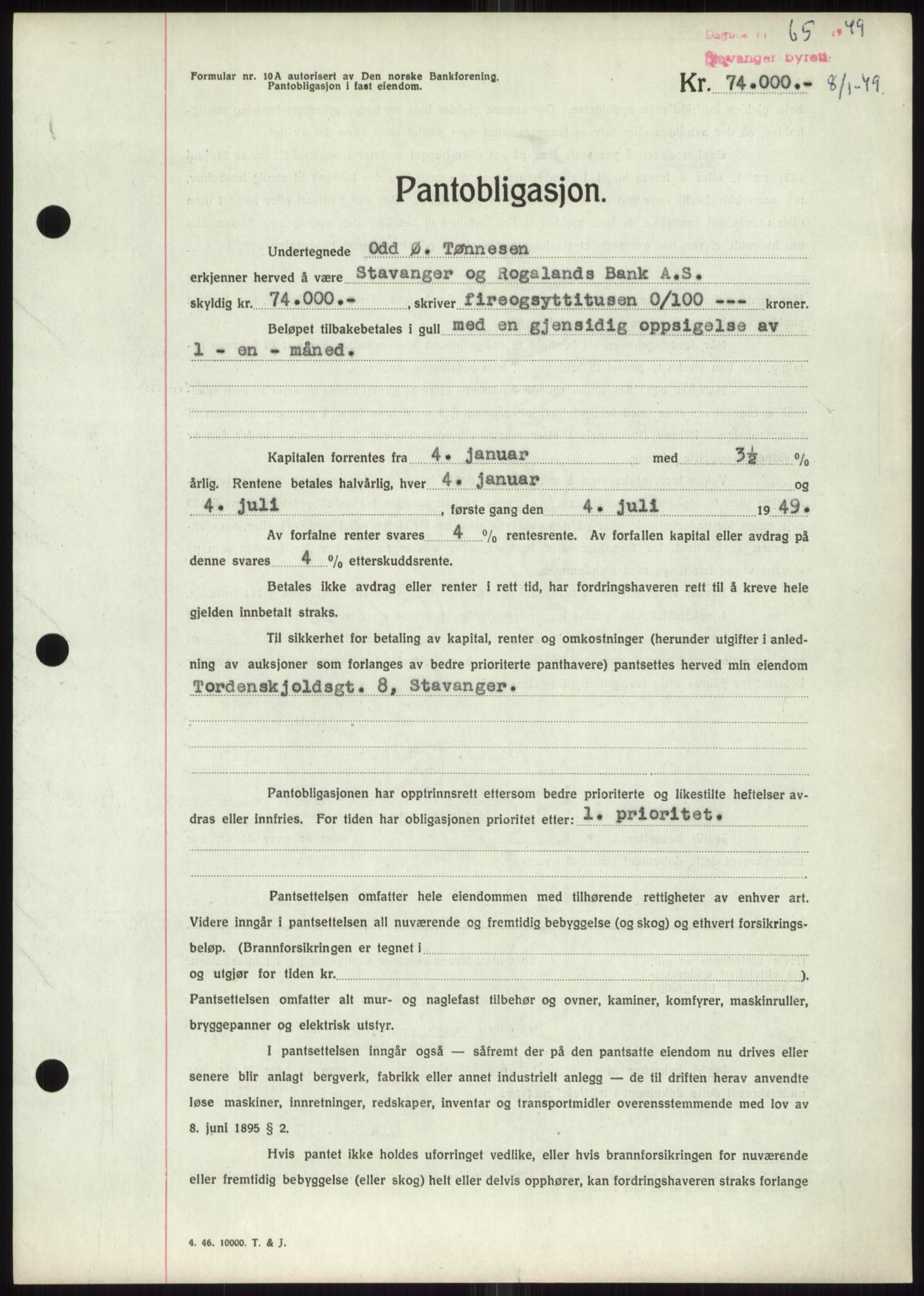 Stavanger byrett, SAST/A-100455/002/G/Gb/L0032: Mortgage book, 1947-1950, Diary no: : 65/1949