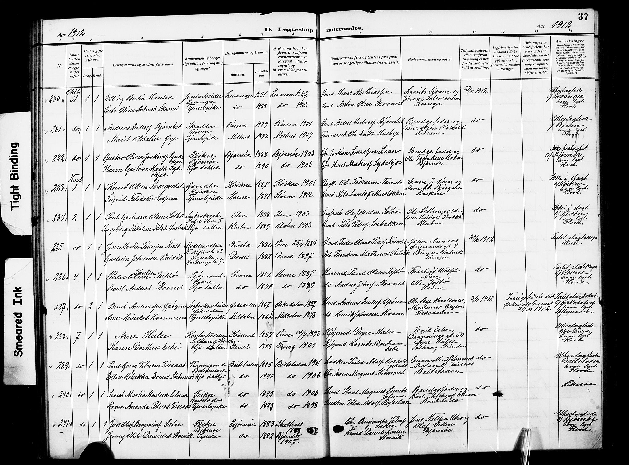 Ministerialprotokoller, klokkerbøker og fødselsregistre - Sør-Trøndelag, SAT/A-1456/601/L0097: Parish register (copy) no. 601C15, 1911-1921, p. 37