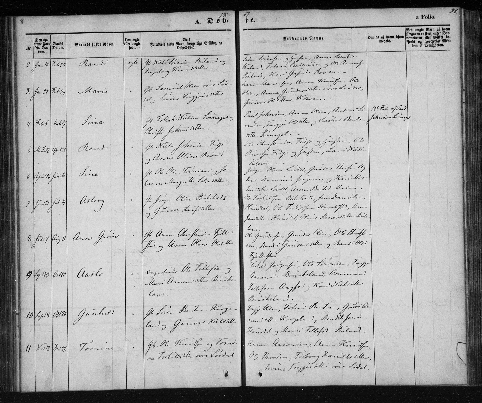 Holum sokneprestkontor, AV/SAK-1111-0022/F/Fa/Fab/L0005: Parish register (official) no. A 5, 1847-1874, p. 91