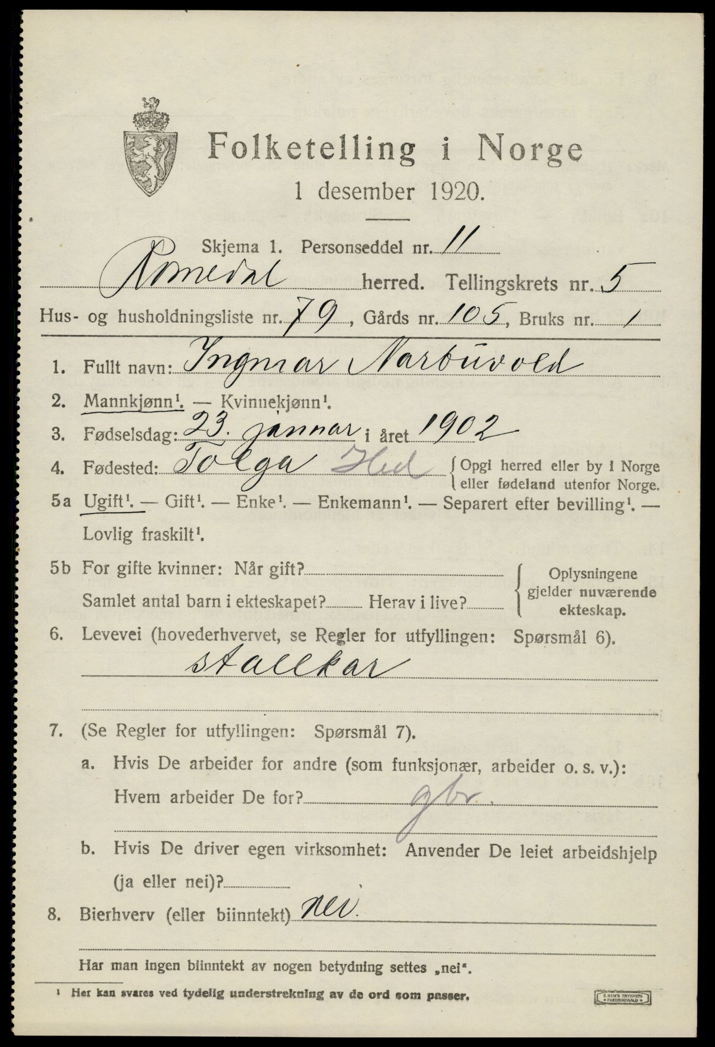 SAH, 1920 census for Romedal, 1920, p. 7765