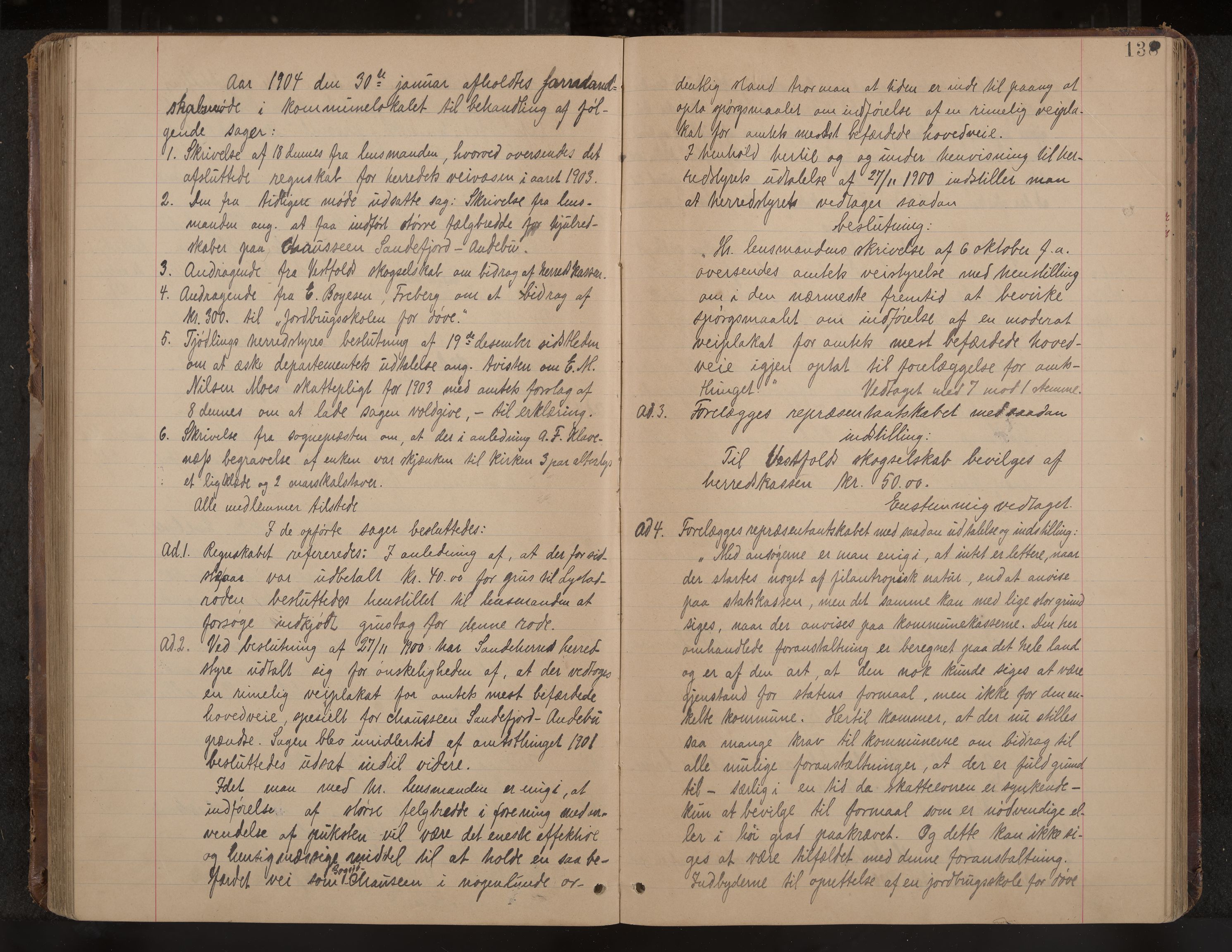 Sandar formannskap og sentraladministrasjon, IKAK/0724021/A/Aa/L0003: Møtebok med register, 1900-1907, p. 138