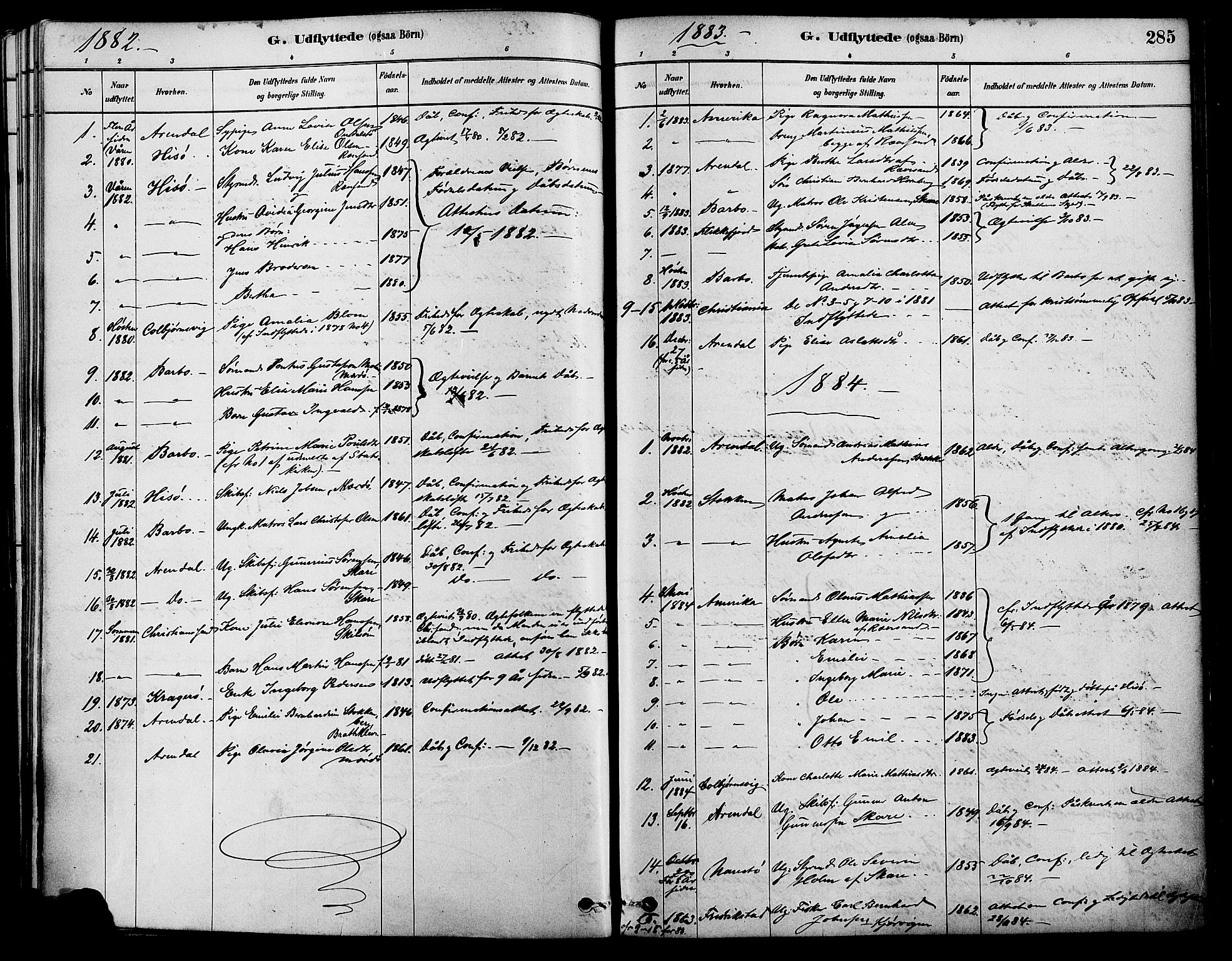 Tromøy sokneprestkontor, AV/SAK-1111-0041/F/Fa/L0009: Parish register (official) no. A 9, 1878-1896, p. 285