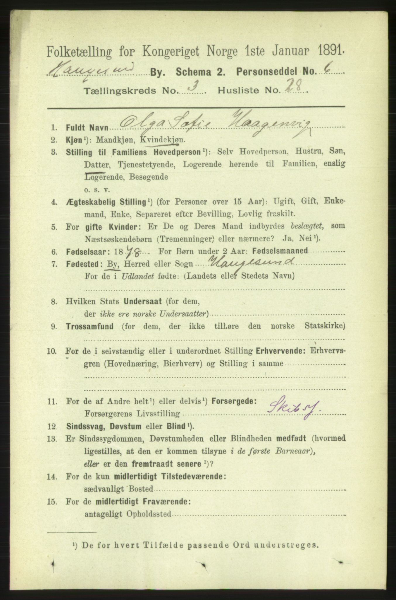 RA, 1891 census for 1106 Haugesund, 1891, p. 1136