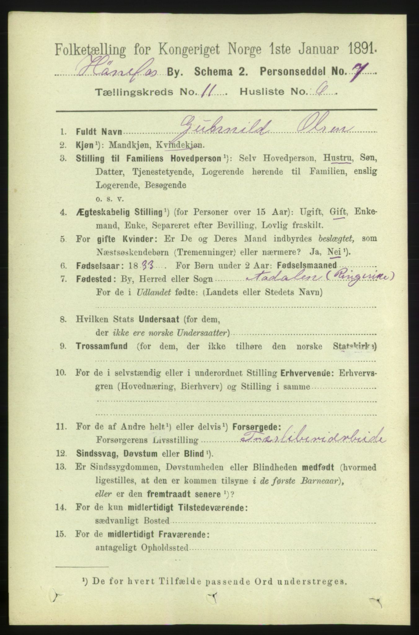 RA, 1891 census for 0601 Hønefoss, 1891, p. 1533