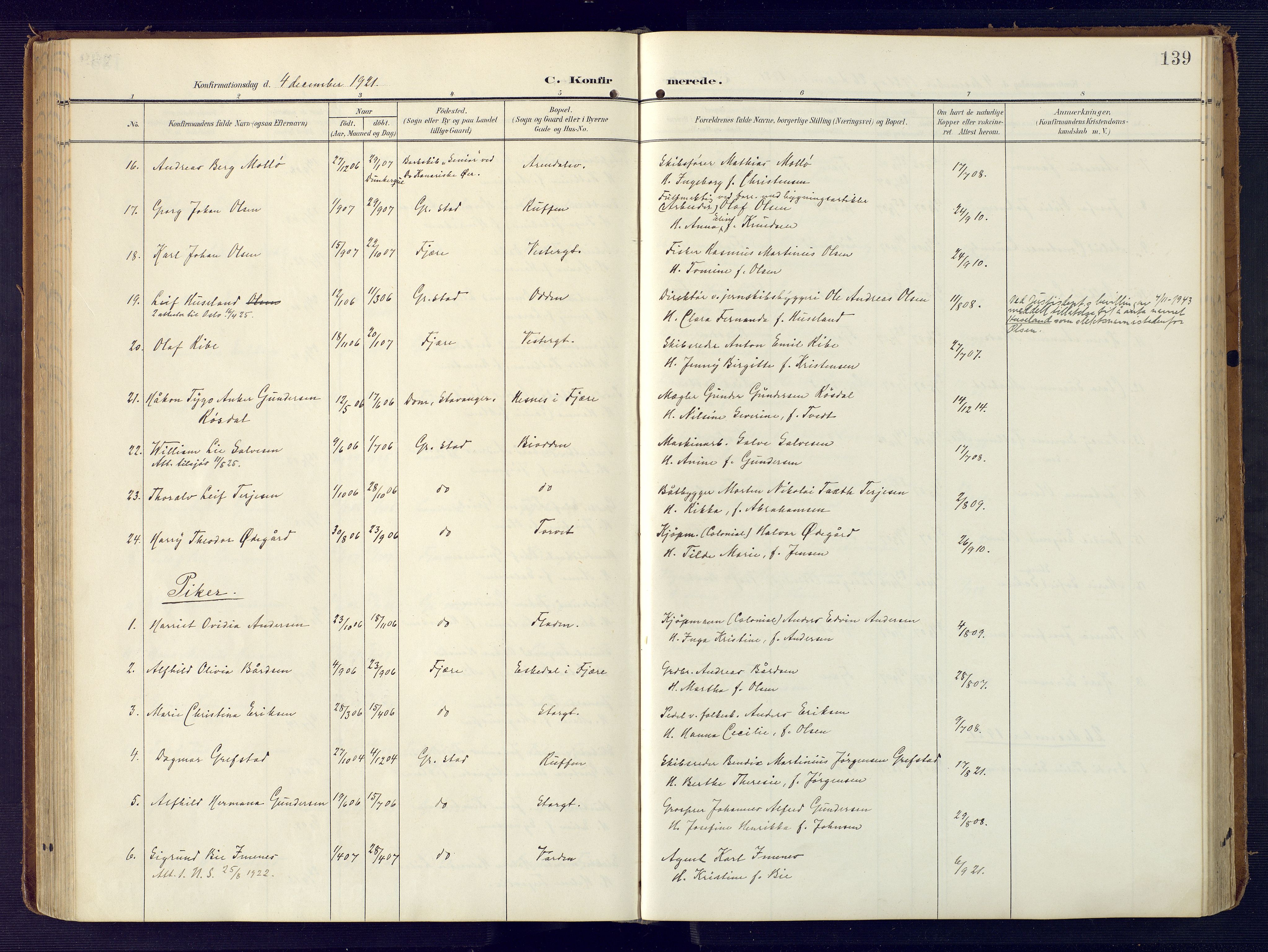 Grimstad sokneprestkontor, SAK/1111-0017/F/Fa/L0005: Parish register (official) no. A 4, 1911-1924, p. 139