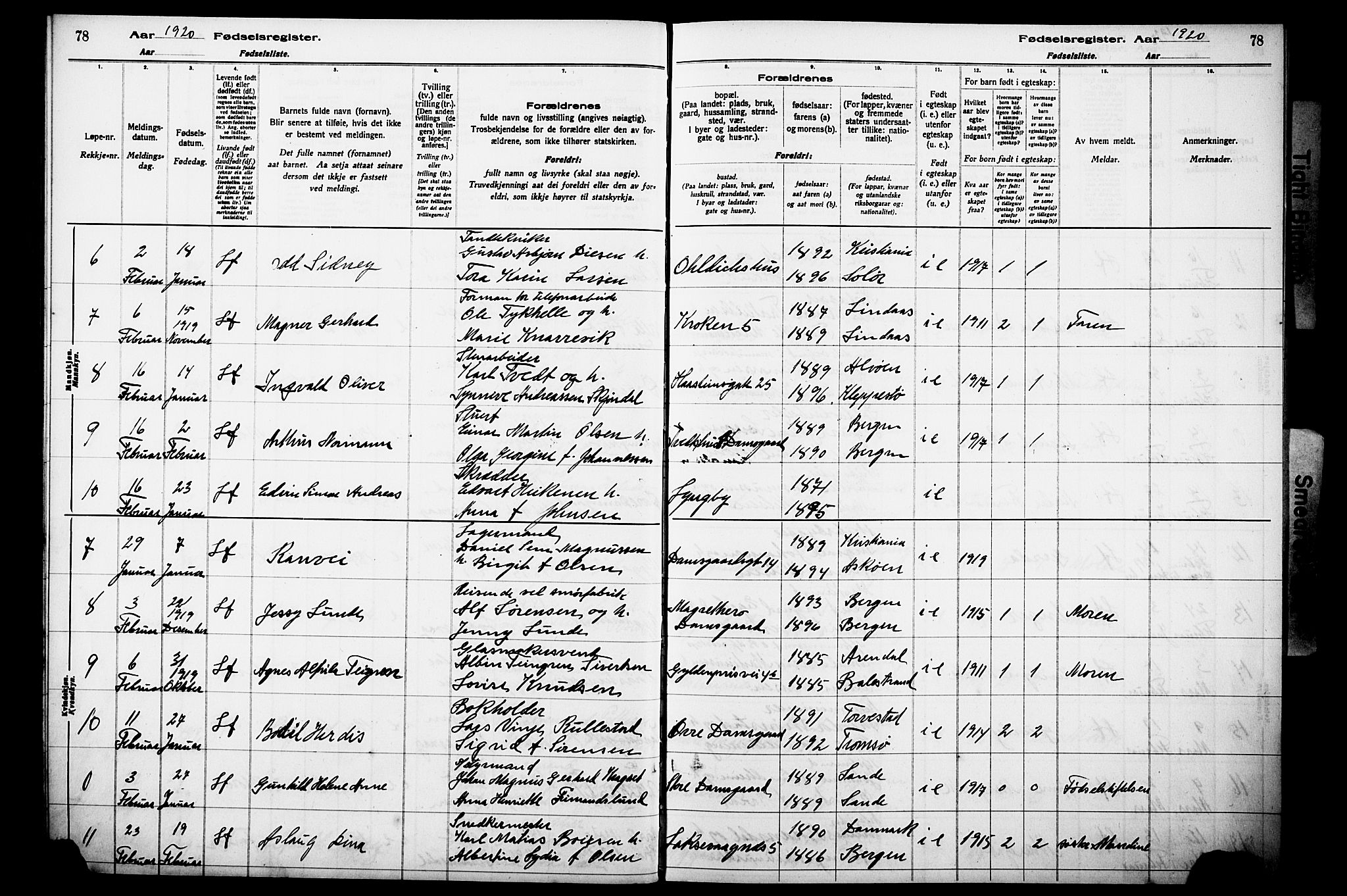 Laksevåg Sokneprestembete, SAB/A-76501/I/Id/L00A1: Birth register no. A 1, 1916-1926, p. 78