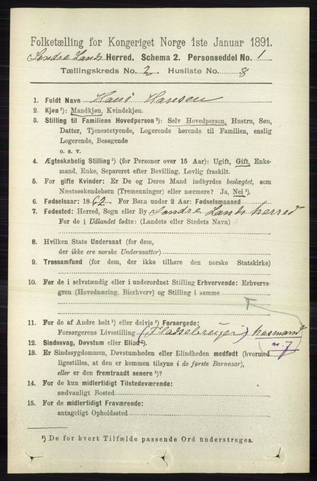 RA, 1891 census for 0536 Søndre Land, 1891, p. 1079