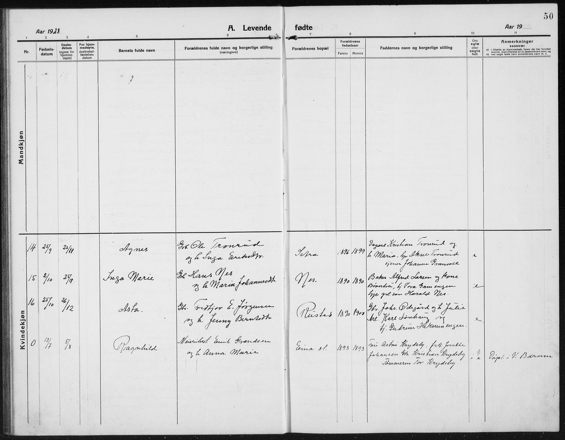 Kolbu prestekontor, SAH/PREST-110/H/Ha/Hab/L0006: Parish register (copy) no. 6, 1916-1934, p. 50