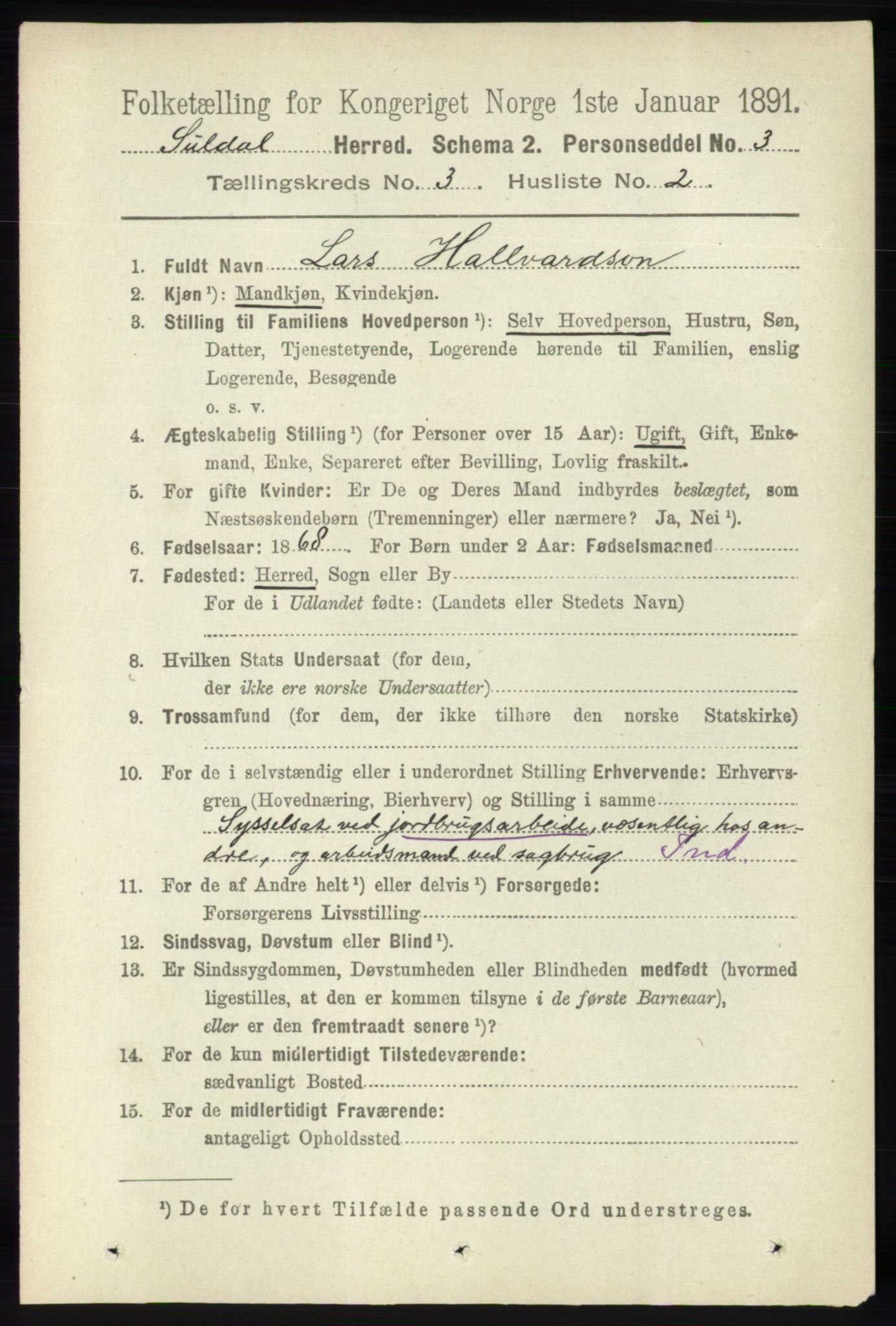 RA, 1891 census for 1134 Suldal, 1891, p. 618