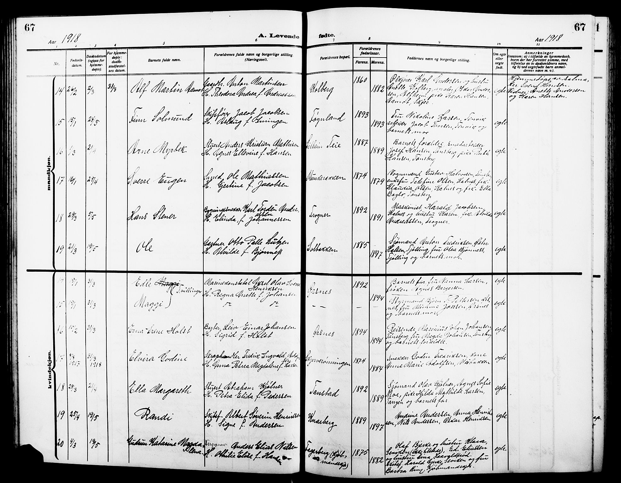 Nøtterøy kirkebøker, SAKO/A-354/G/Ga/L0005: Parish register (copy) no. I 5, 1910-1924, p. 67