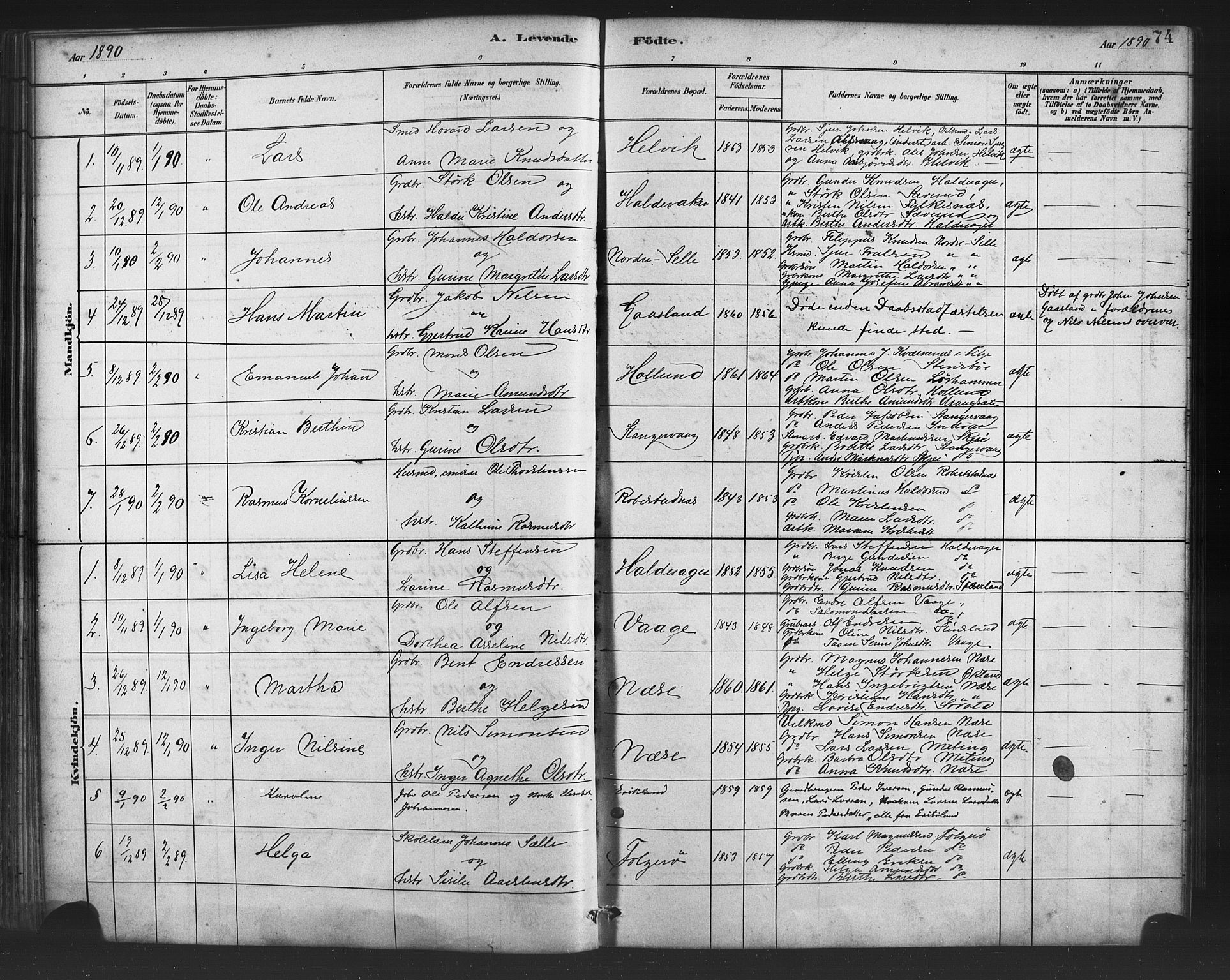 Finnås sokneprestembete, AV/SAB-A-99925/H/Ha/Haa/Haac/L0001: Parish register (official) no. C 1, 1881-1894, p. 74