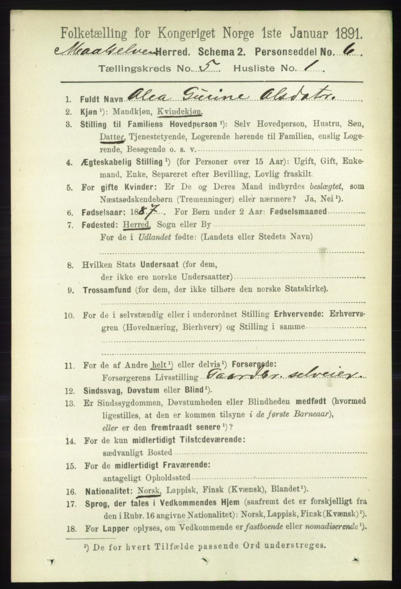 RA, 1891 census for 1924 Målselv, 1891, p. 1618