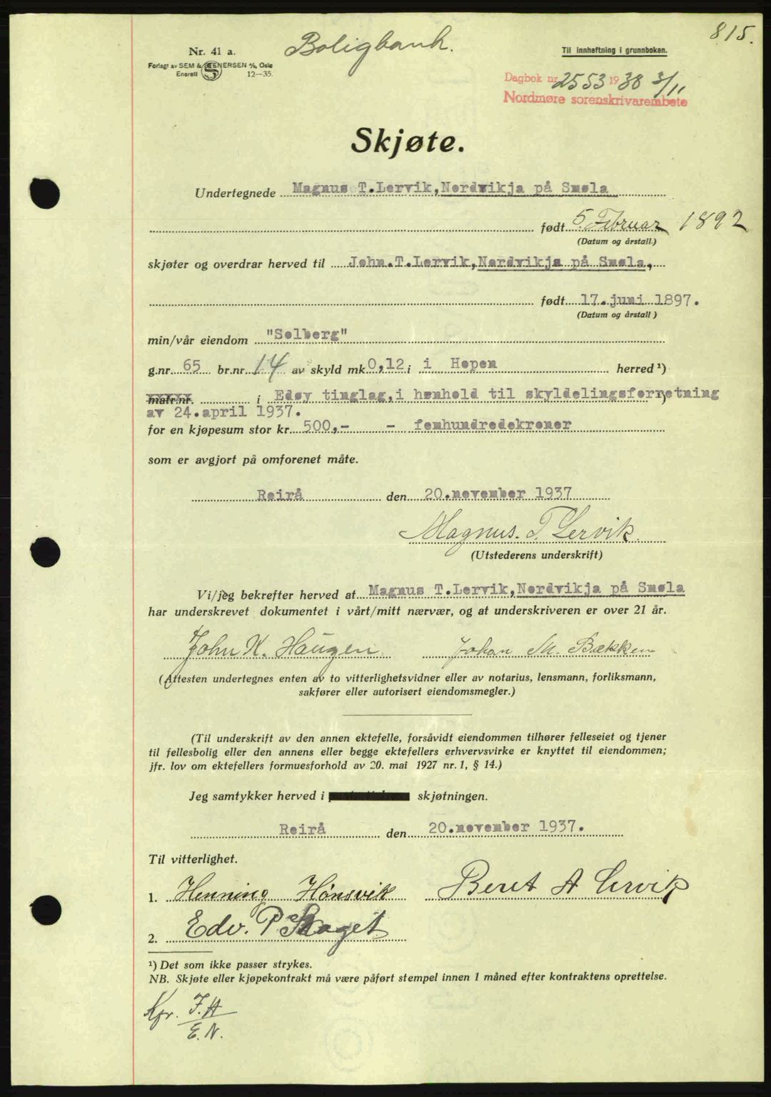 Nordmøre sorenskriveri, AV/SAT-A-4132/1/2/2Ca: Mortgage book no. A84, 1938-1938, Diary no: : 2553/1938