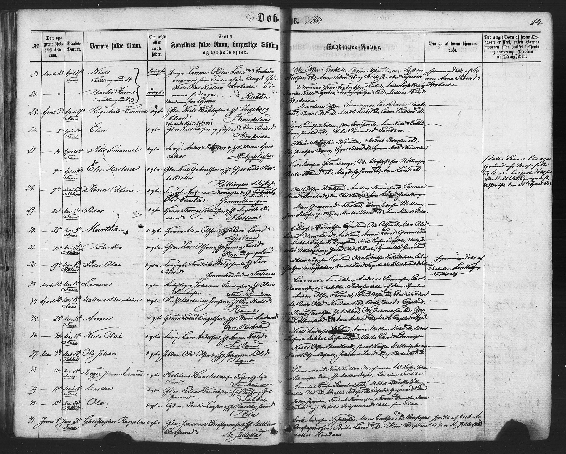 Fana Sokneprestembete, SAB/A-75101/H/Haa/Haaa/L0012: Parish register (official) no. A 12, 1862-1878, p. 14