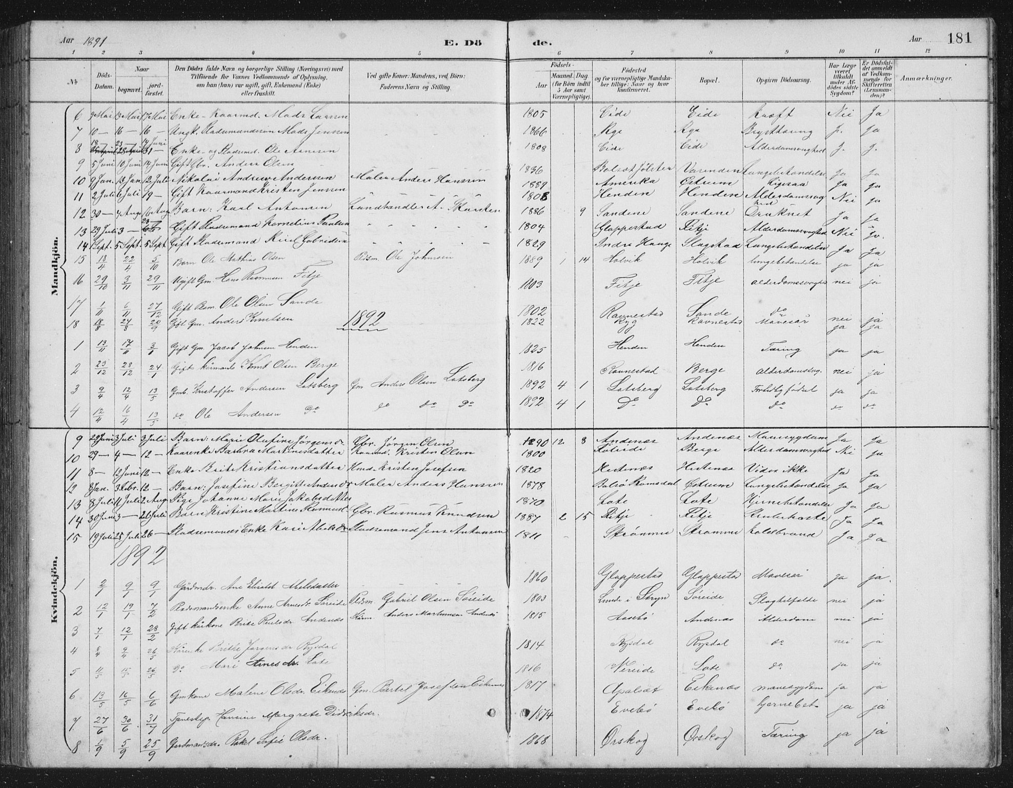 Gloppen sokneprestembete, AV/SAB-A-80101/H/Hab/Habb/L0002: Parish register (copy) no. B 2, 1889-1909, p. 181