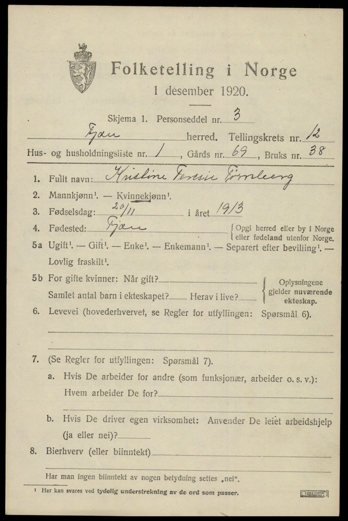 SAK, 1920 census for Fjære, 1920, p. 12181