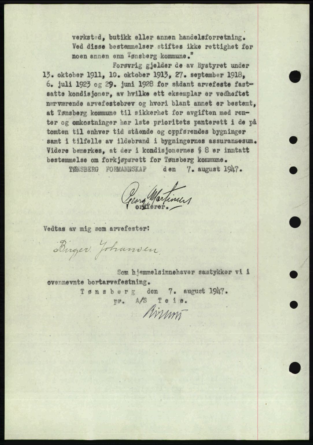Tønsberg sorenskriveri, SAKO/A-130/G/Ga/Gaa/L0022: Mortgage book no. A22, 1947-1947, Diary no: : 2551/1947