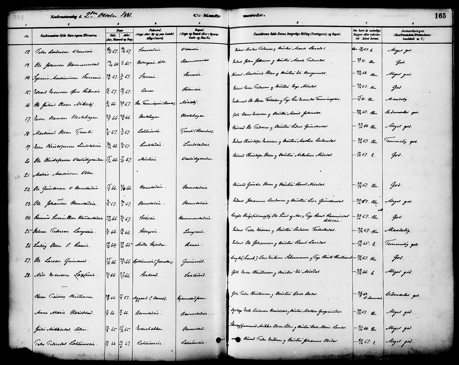 Stange prestekontor, AV/SAH-PREST-002/K/L0017: Parish register (official) no. 17, 1880-1893, p. 165