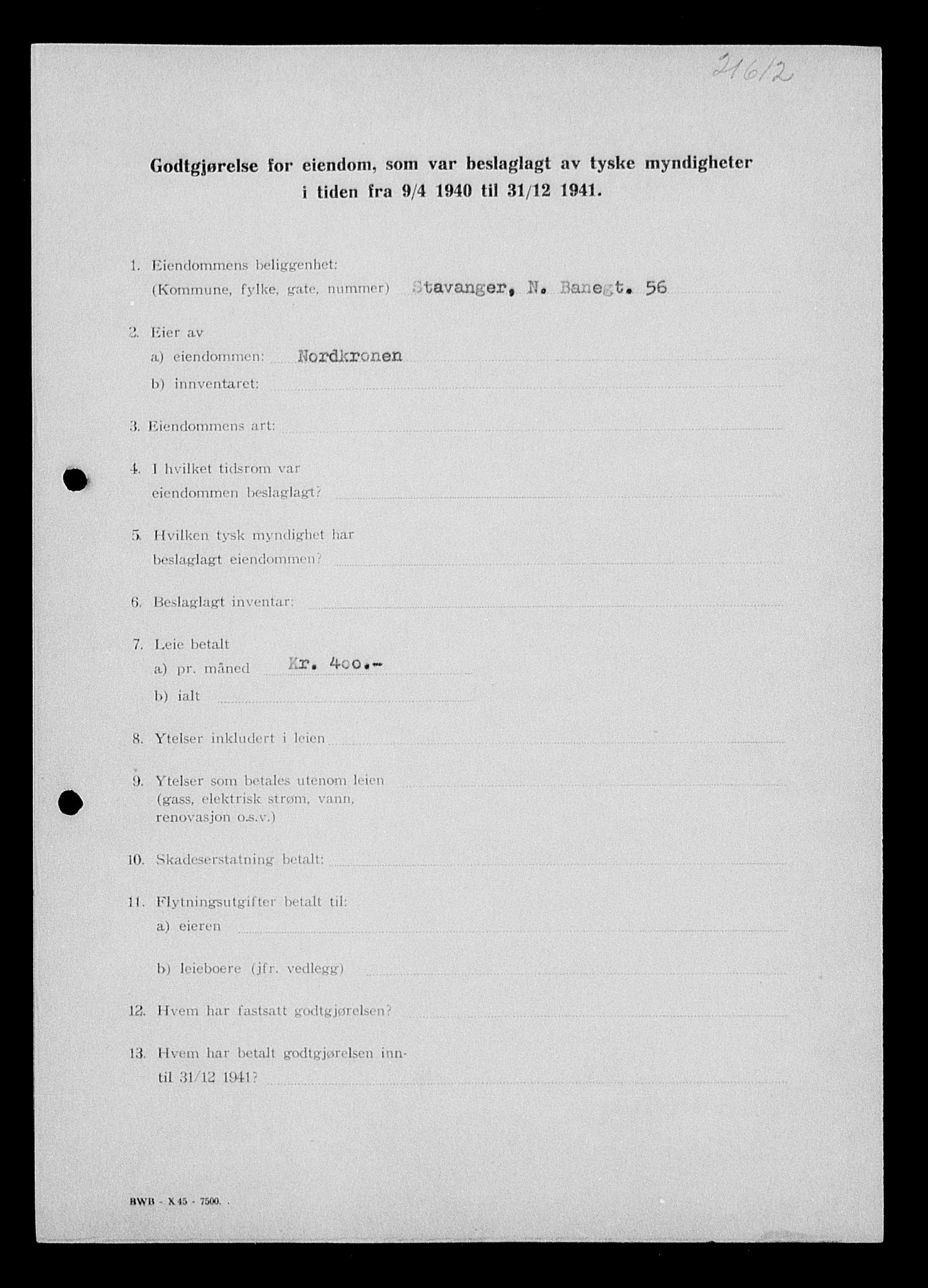 Justisdepartementet, Tilbakeføringskontoret for inndratte formuer, AV/RA-S-1564/I/L1014: Godtgjørelse for beslaglagt eiendom, 1940-1941, p. 97