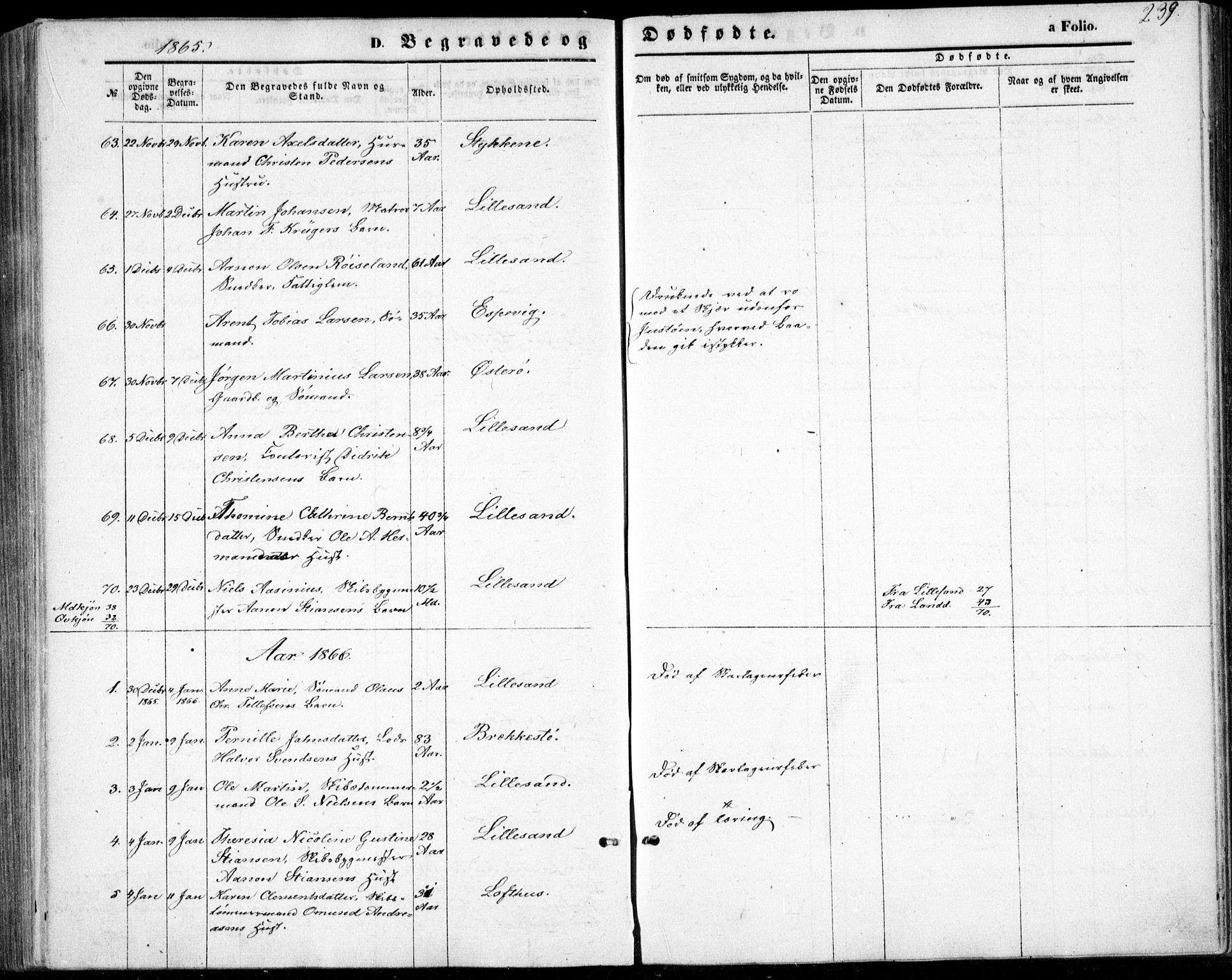 Vestre Moland sokneprestkontor, AV/SAK-1111-0046/F/Fb/Fbb/L0004: Parish register (copy) no. B 4, 1861-1872, p. 239