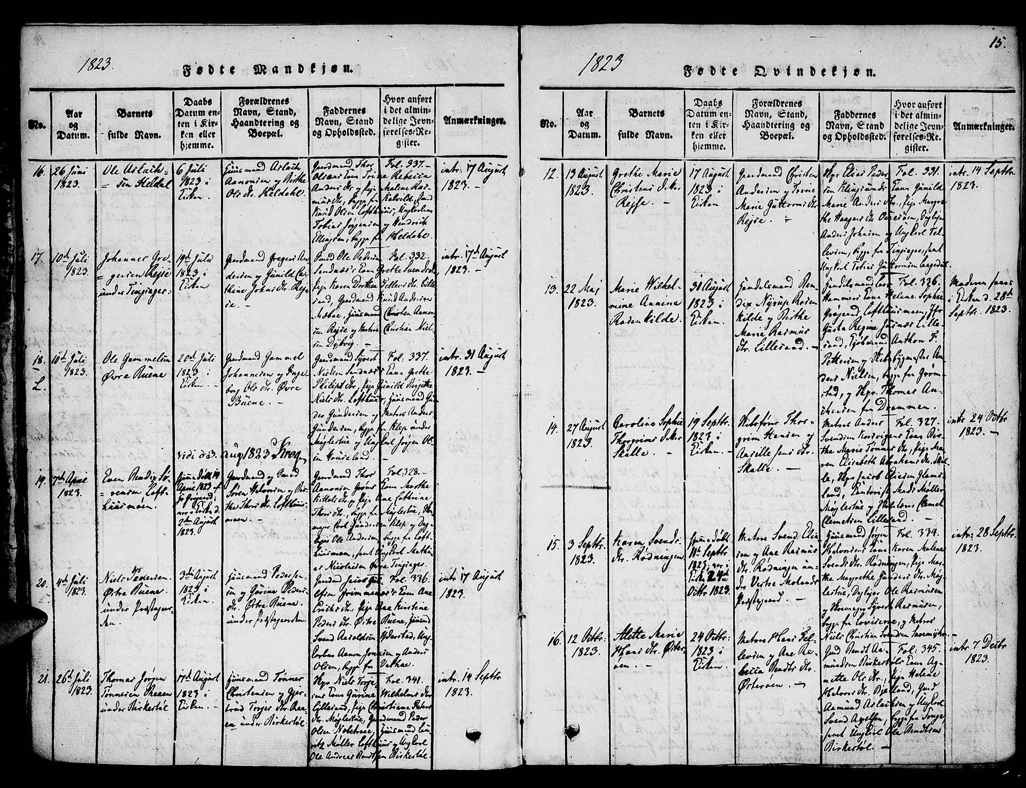 Vestre Moland sokneprestkontor, AV/SAK-1111-0046/F/Fa/Fab/L0003: Parish register (official) no. A 3, 1816-1843, p. 15