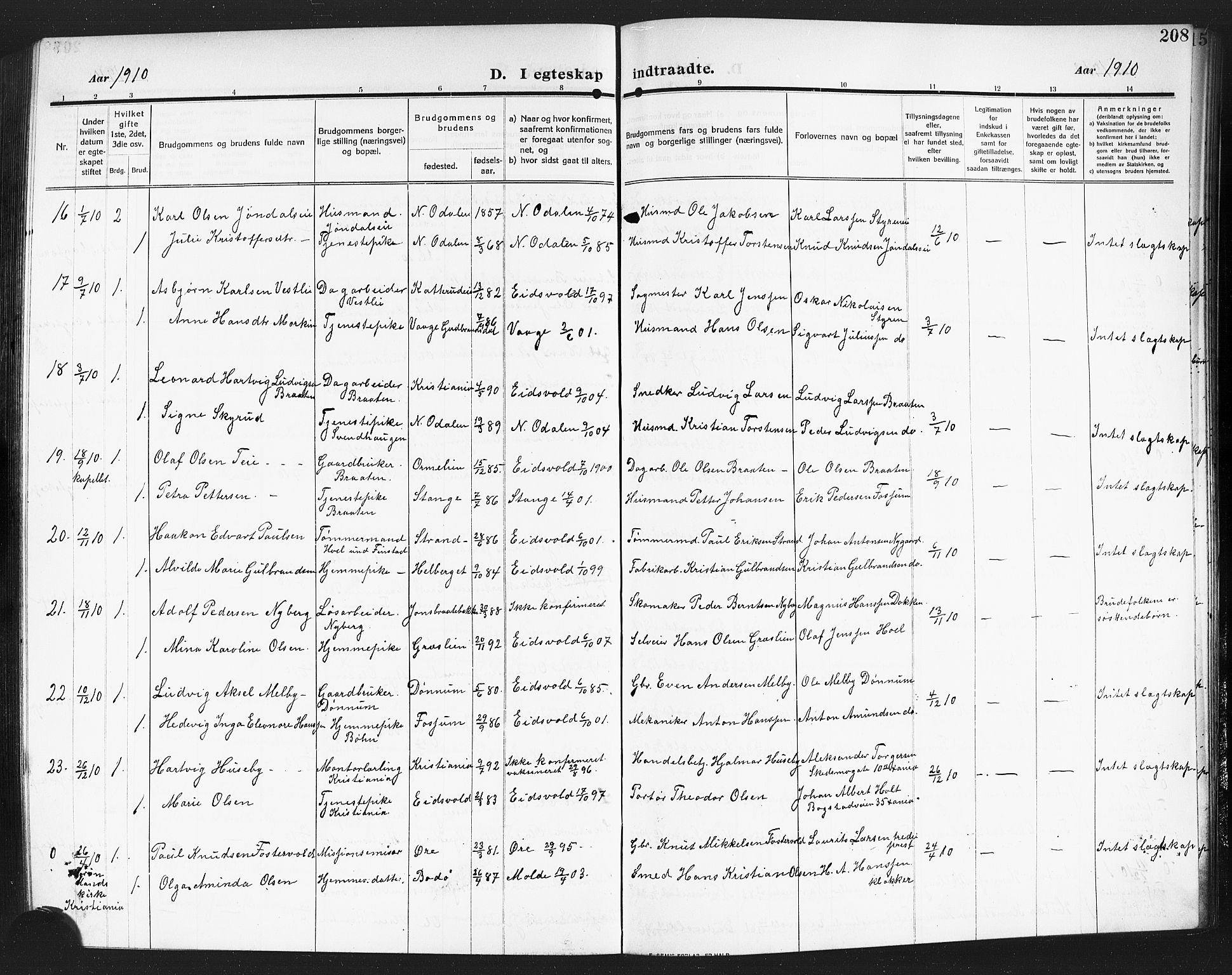 Eidsvoll prestekontor Kirkebøker, SAO/A-10888/G/Ga/L0008: Parish register (copy) no. I 8, 1909-1918, p. 208
