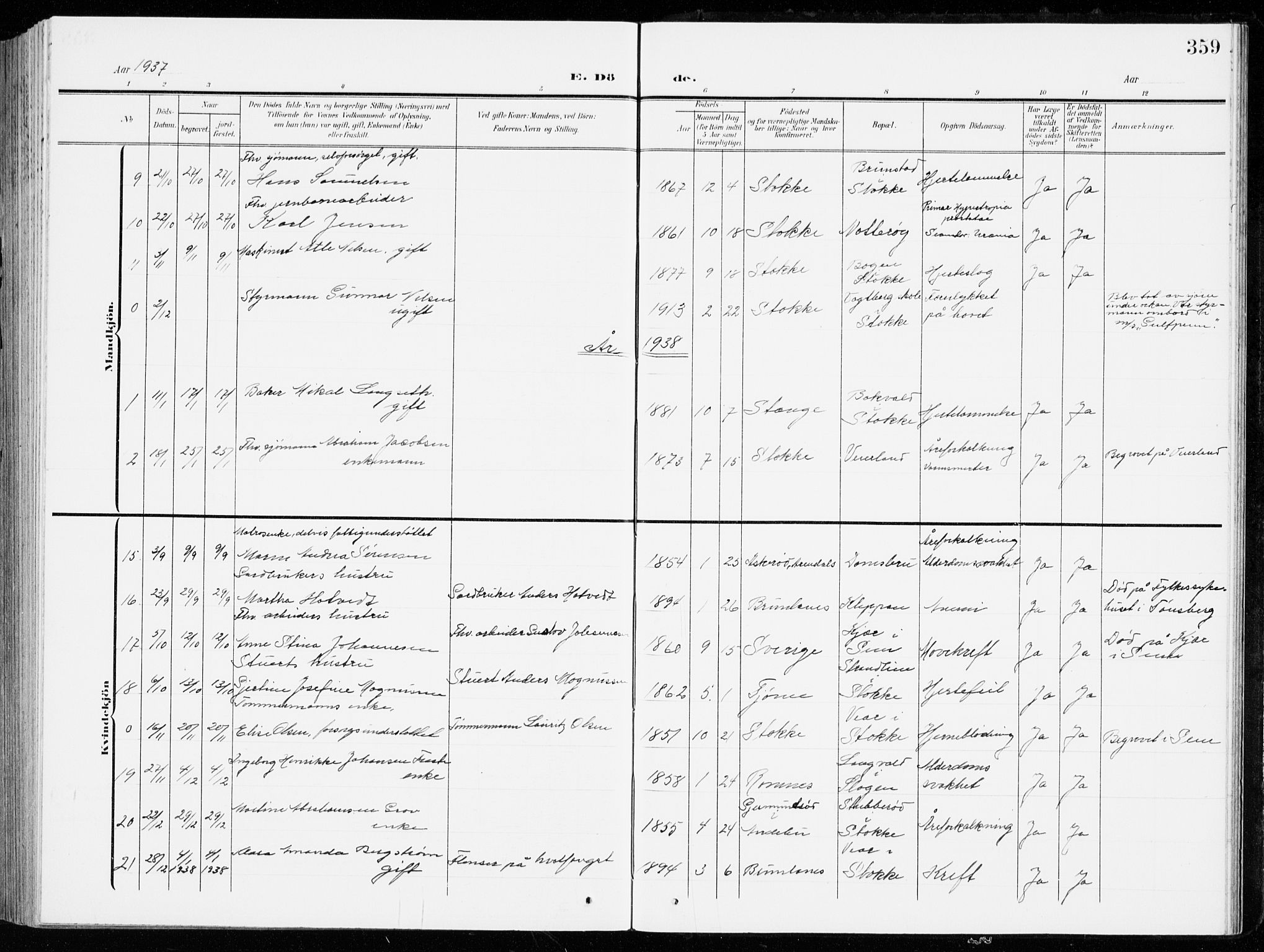 Stokke kirkebøker, SAKO/A-320/G/Ga/L0001: Parish register (copy) no. I 1, 1904-1940, p. 359