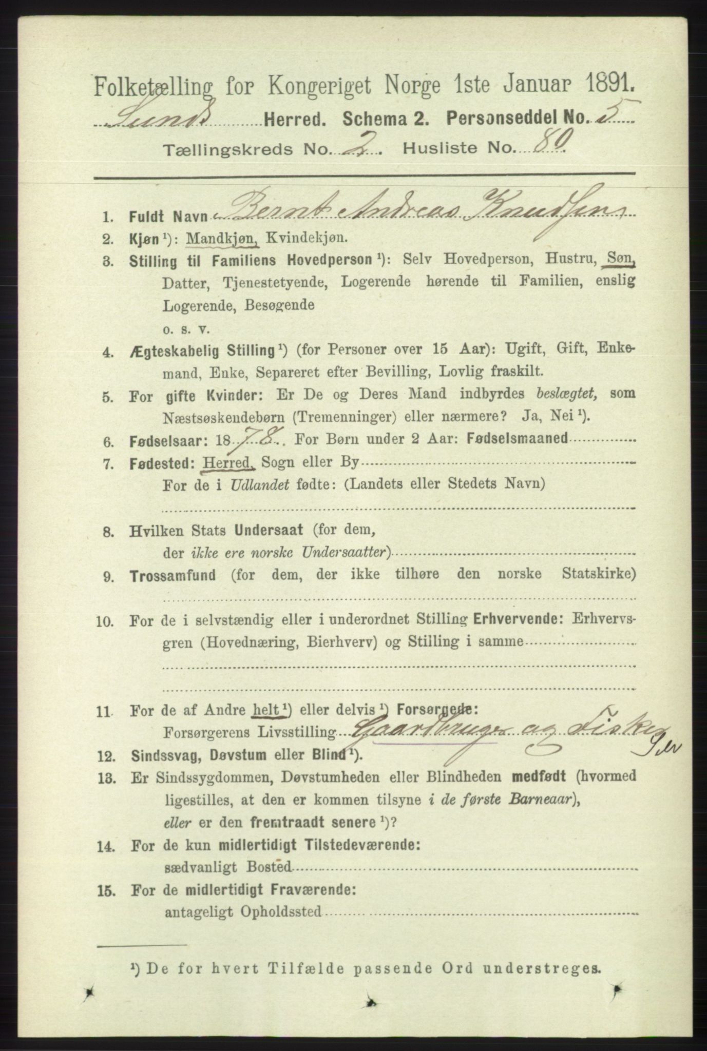 RA, 1891 census for 1245 Sund, 1891, p. 1105