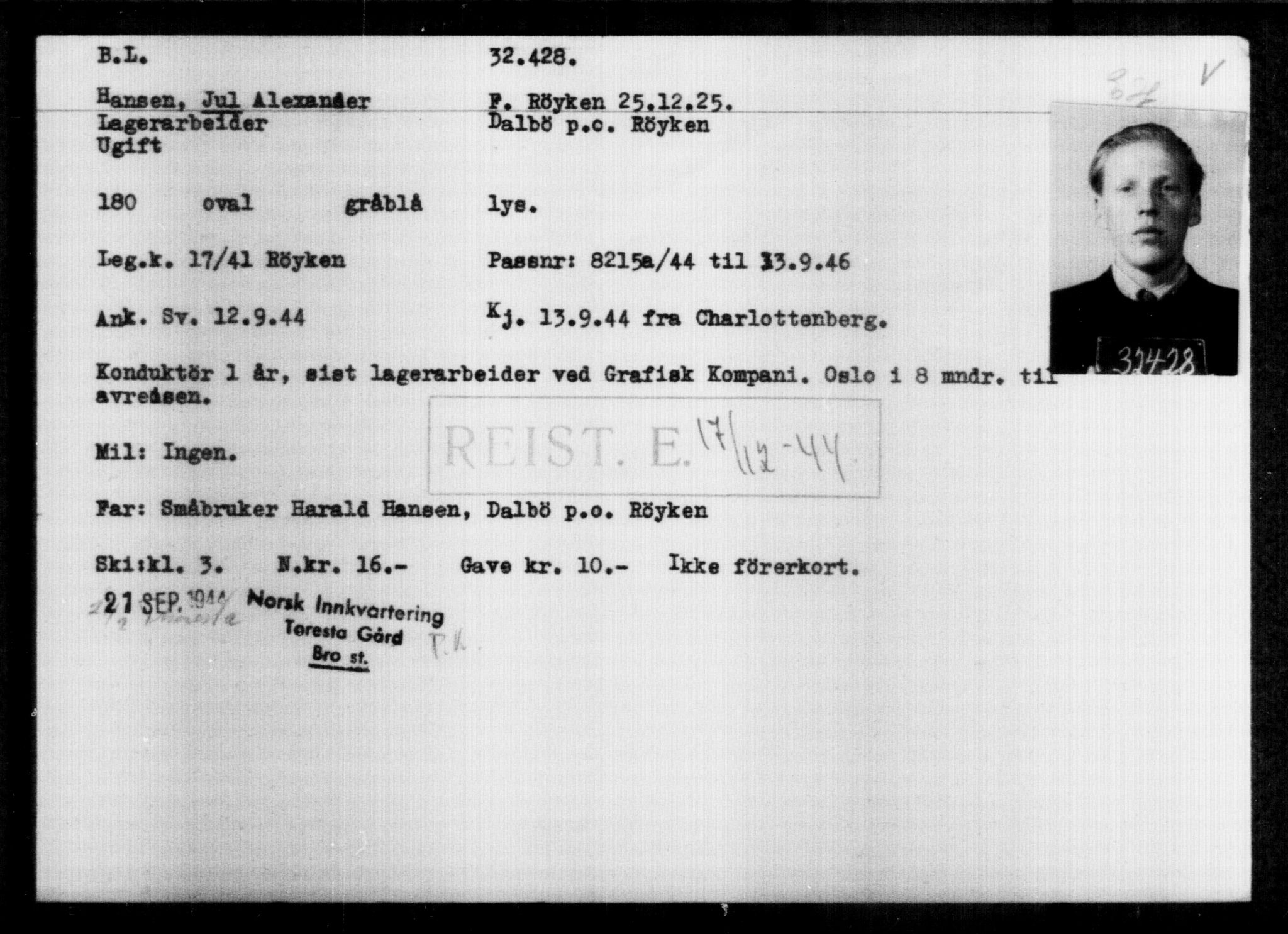 Utenriksstasjonene, Legasjonen i Stockholm, Flyktningkontoret, AV/RA-S-6753/V/Va/L0013: Kjesäterkartoteket, flyktninger med registreringsnr. 31500-34731, 1940-1945, p. 982