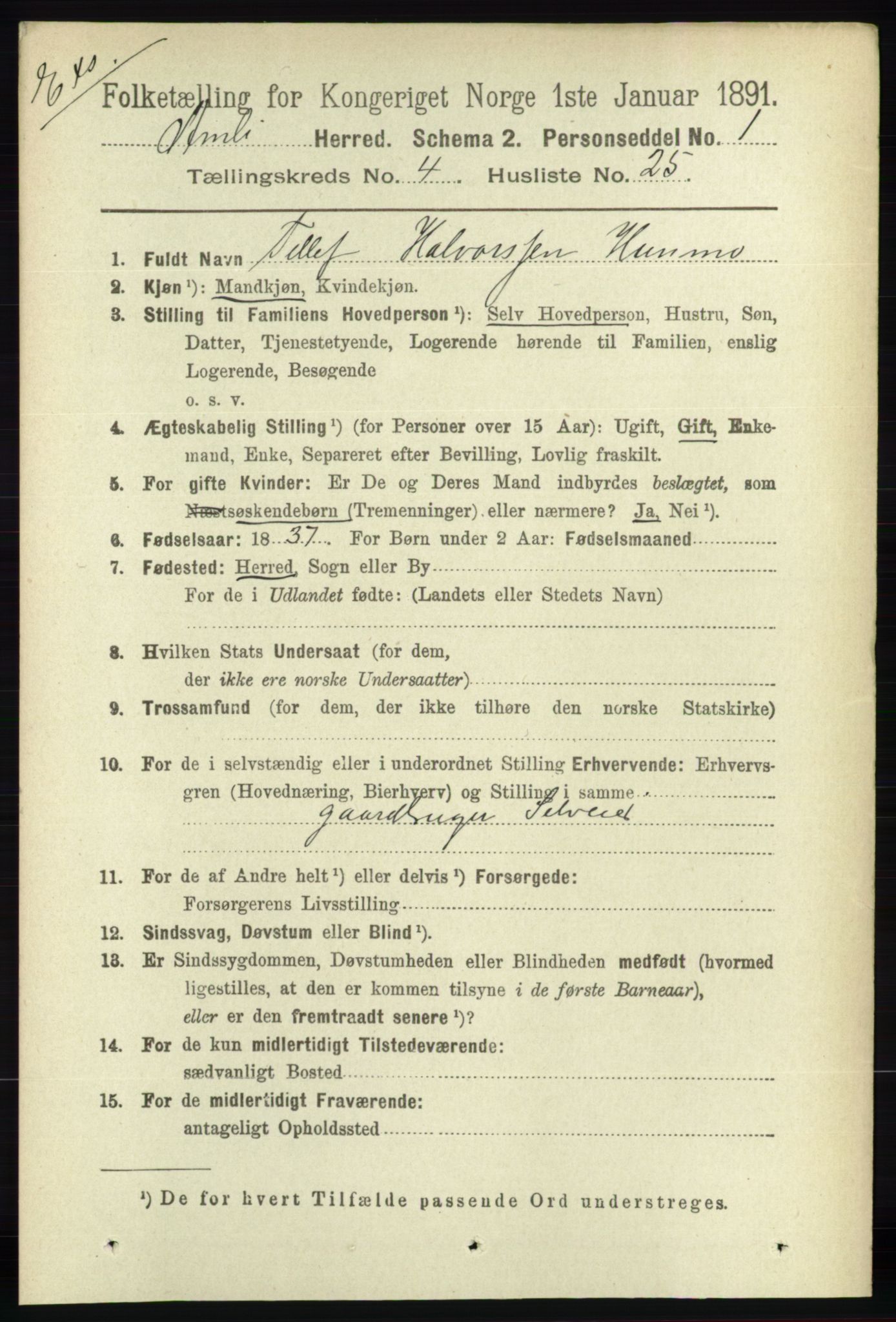 RA, Census 1891 for Nedenes amt: Gjenparter av personsedler for beslektede ektefeller, menn, 1891, p. 354