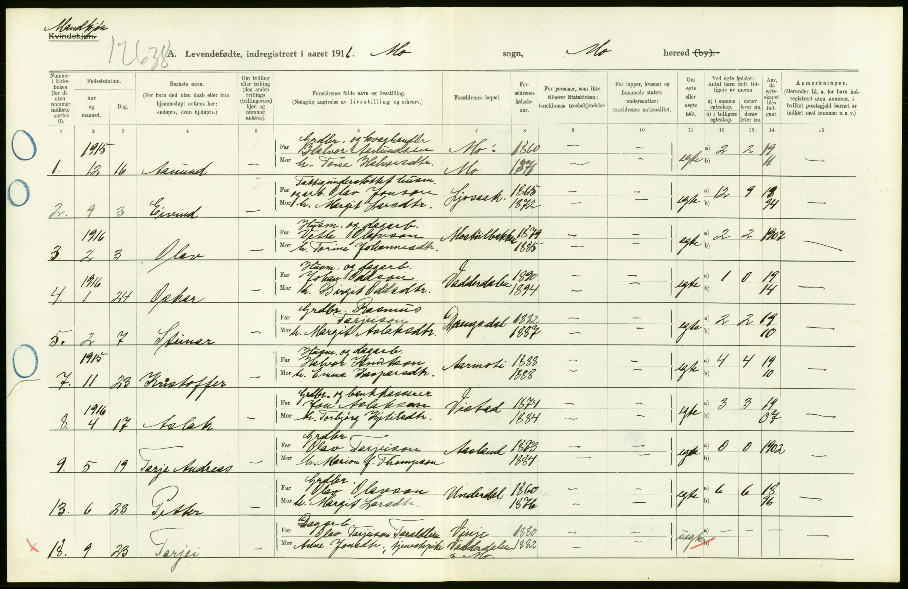 Statistisk sentralbyrå, Sosiodemografiske emner, Befolkning, AV/RA-S-2228/D/Df/Dfb/Dfbf/L0022: Bratsberg amt: Levendefødte menn og kvinner. Bygder., 1916, p. 30