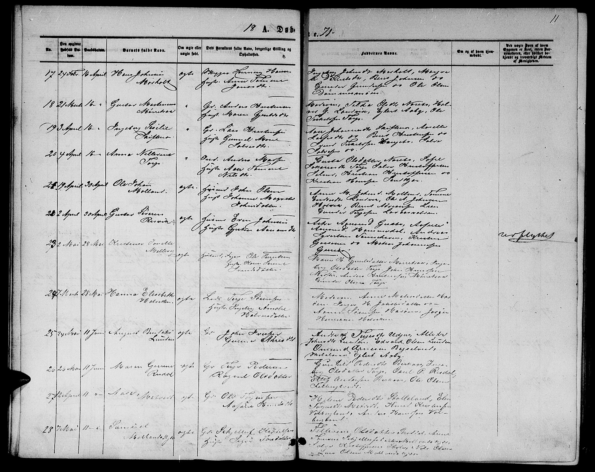 Hommedal sokneprestkontor, AV/SAK-1111-0023/F/Fb/Fbb/L0006: Parish register (copy) no. B 6, 1869-1884, p. 11