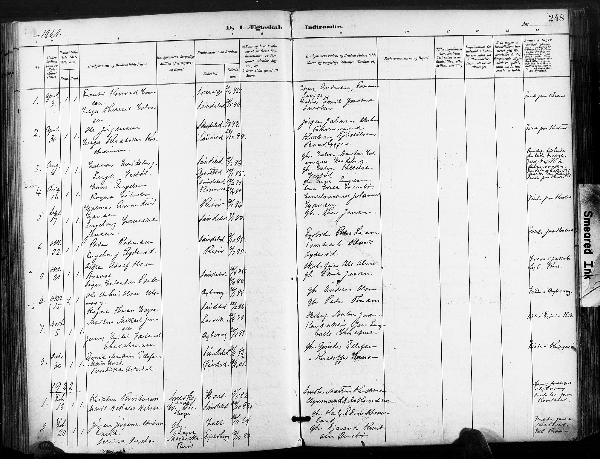 Søndeled sokneprestkontor, SAK/1111-0038/F/Fa/L0006: Parish register (official) no. A 6, 1900-1922, p. 248