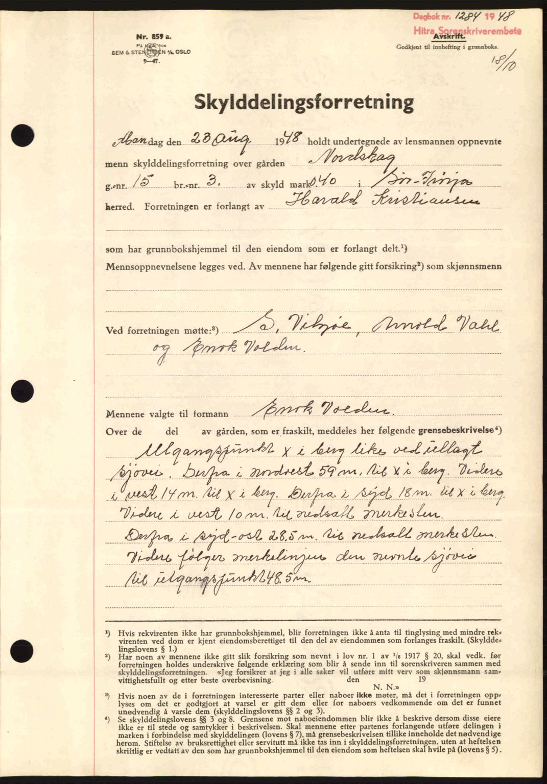 Hitra sorenskriveri, AV/SAT-A-0018/2/2C/2Ca: Mortgage book no. A5, 1947-1948, Diary no: : 1284/1948