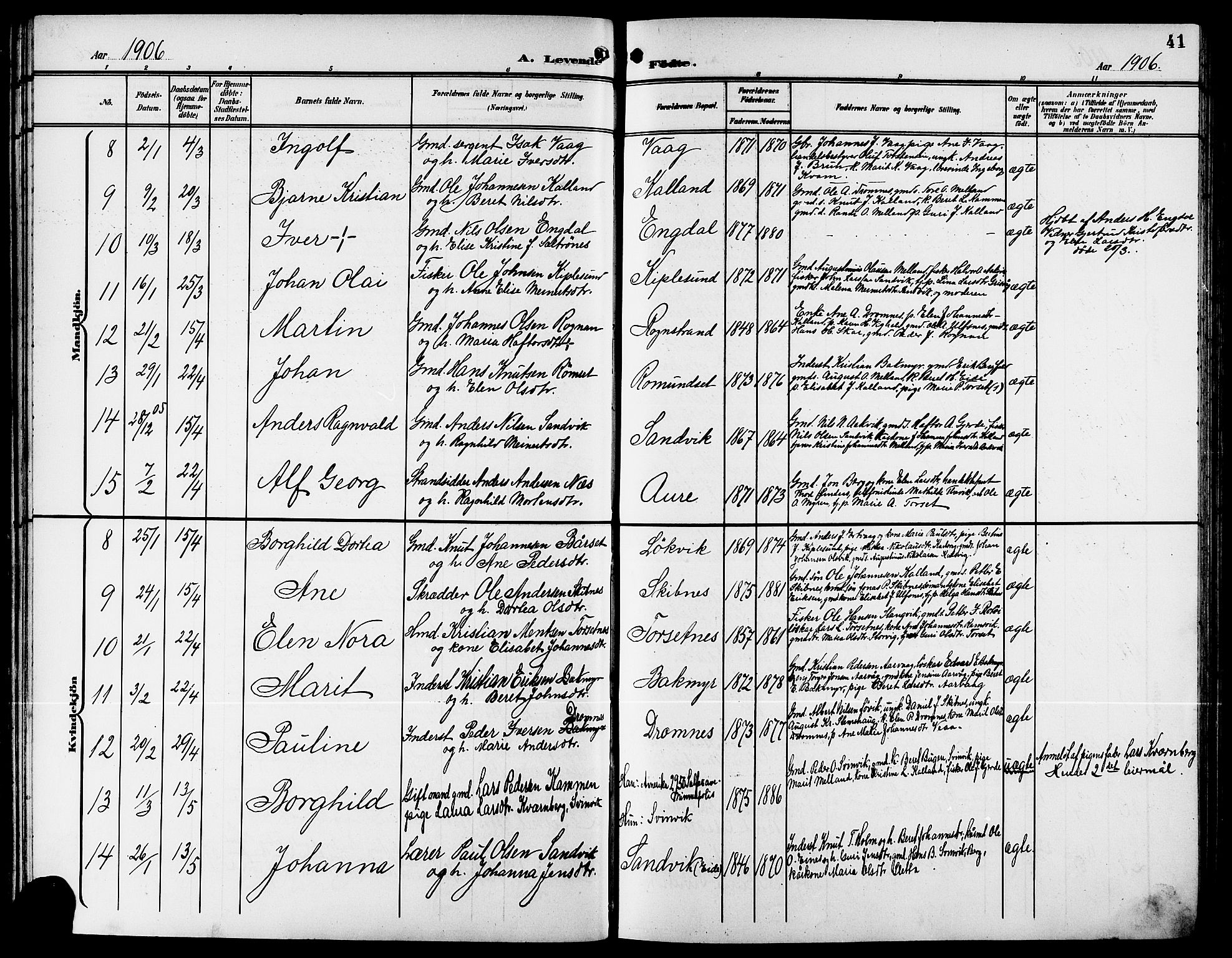 Ministerialprotokoller, klokkerbøker og fødselsregistre - Møre og Romsdal, AV/SAT-A-1454/578/L0910: Parish register (copy) no. 578C03, 1900-1921, p. 41