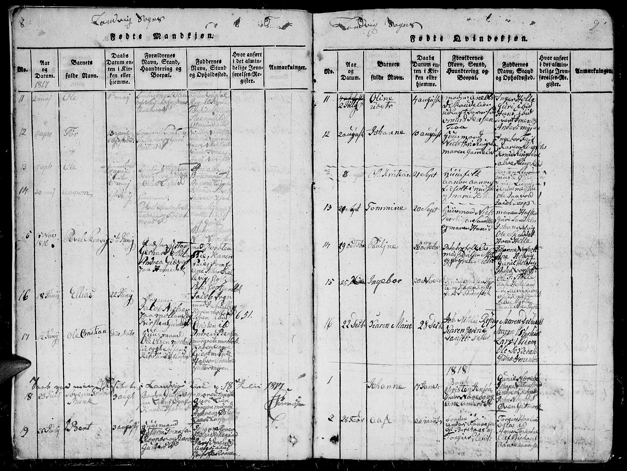 Hommedal sokneprestkontor, SAK/1111-0023/F/Fb/Fbb/L0003: Parish register (copy) no. B 3 /1, 1816-1850, p. 8-9
