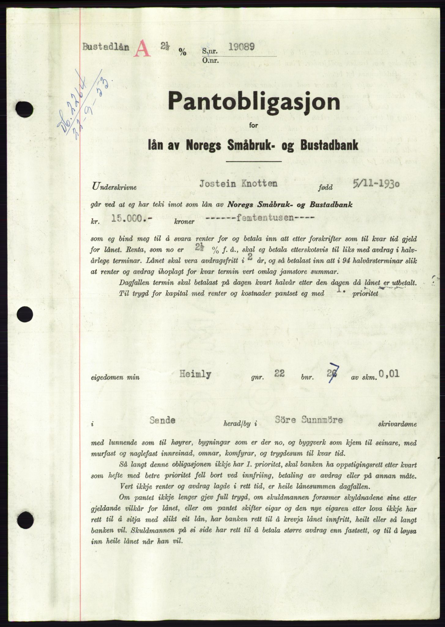 Søre Sunnmøre sorenskriveri, AV/SAT-A-4122/1/2/2C/L0124: Mortgage book no. 12B, 1953-1954, Diary no: : 2264/1953